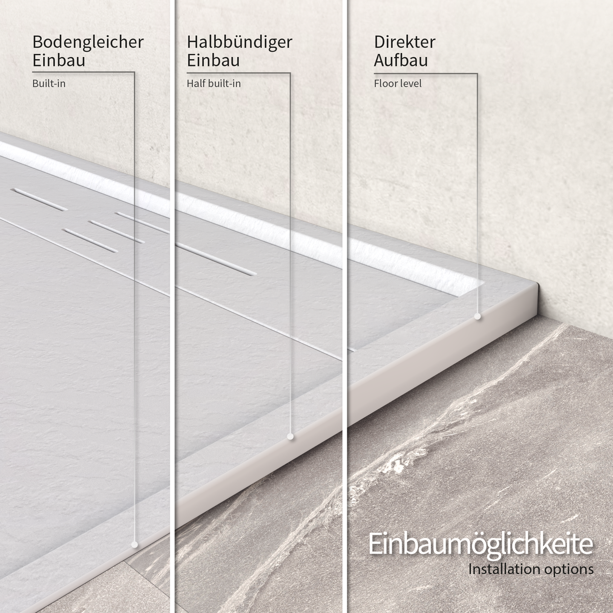 SMC Duschwanne Hiemal in Schieferoptik inkl. Ablaufgarnitur Weiß 90x100 cm