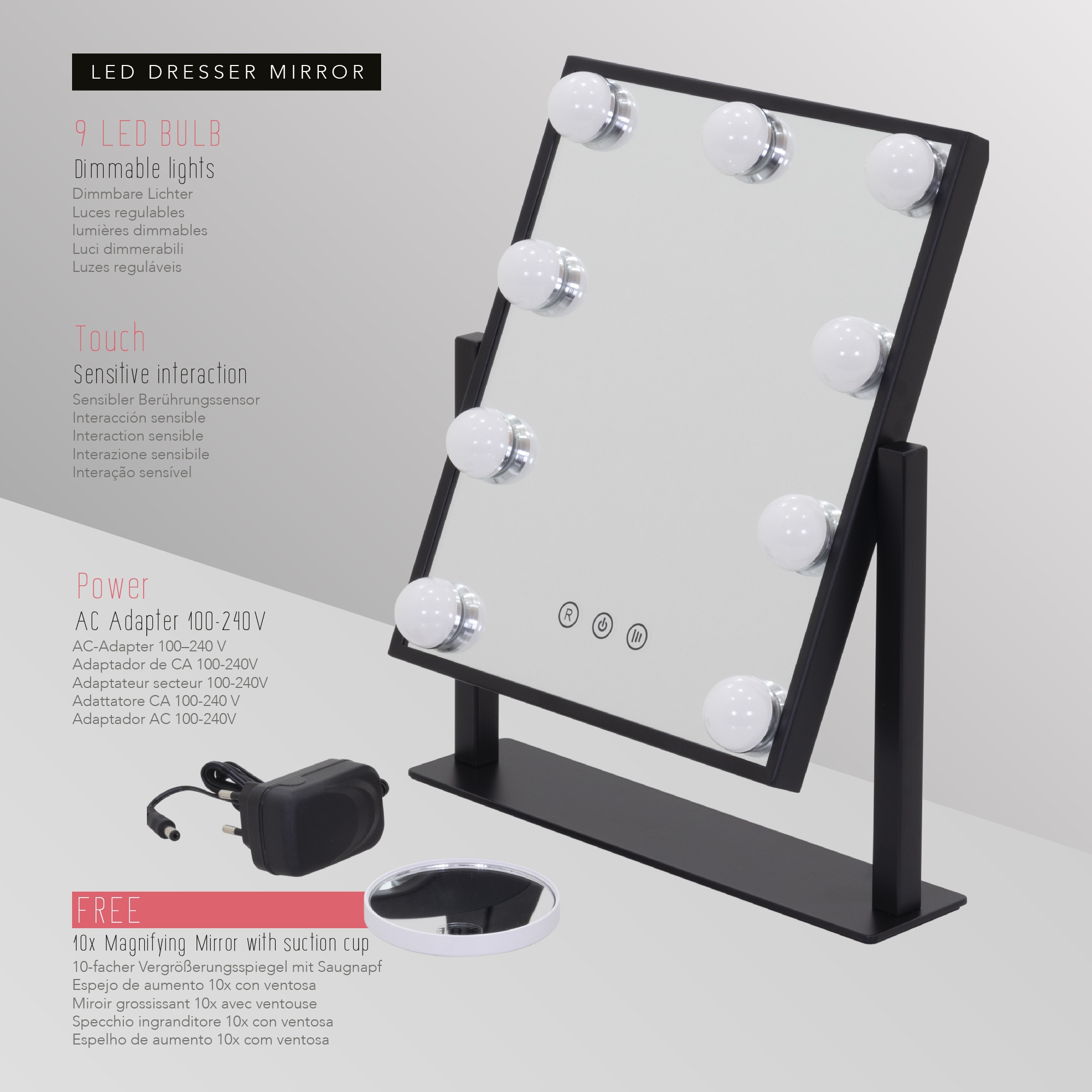 Schminkspiegel Bulb TINY mit 9 dimmbaren LED-Lampen Schwarz