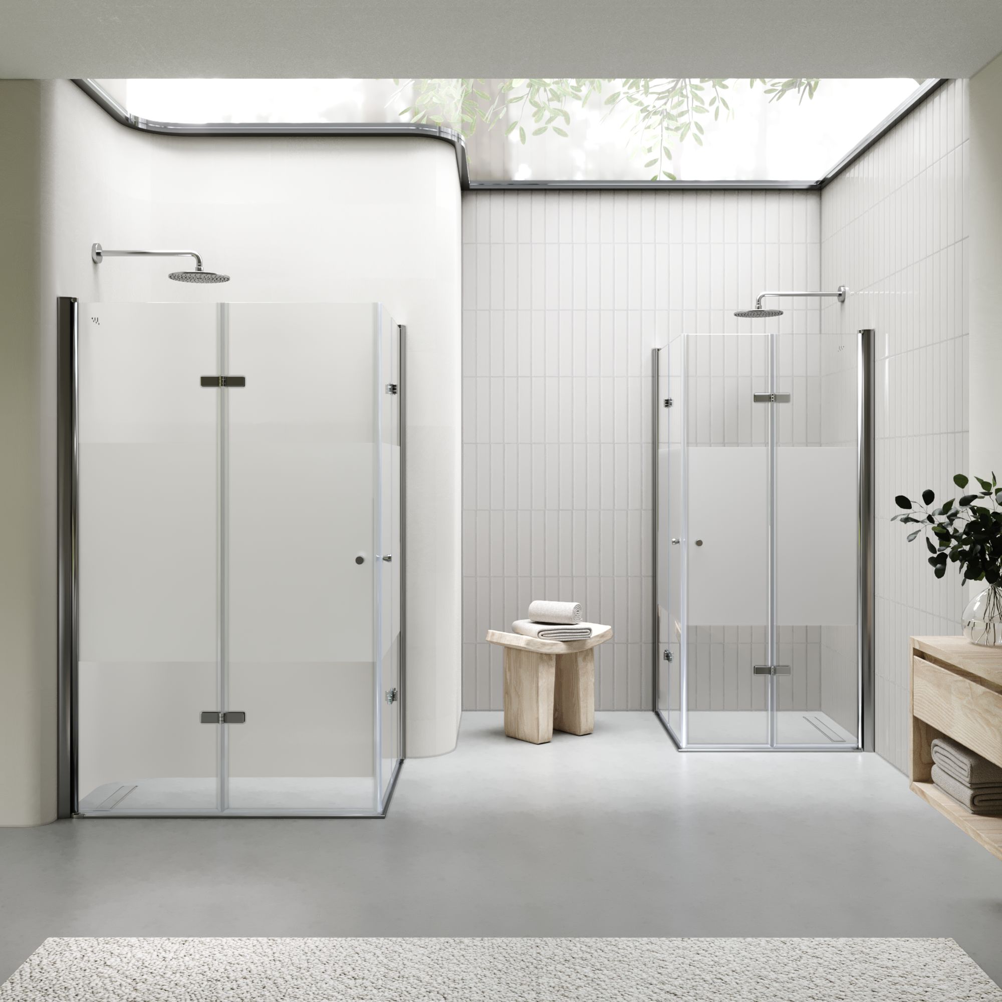 Eckeinstieg Emma mit Falttüren aus teilsatiniertem ESG Sicherheitsglas