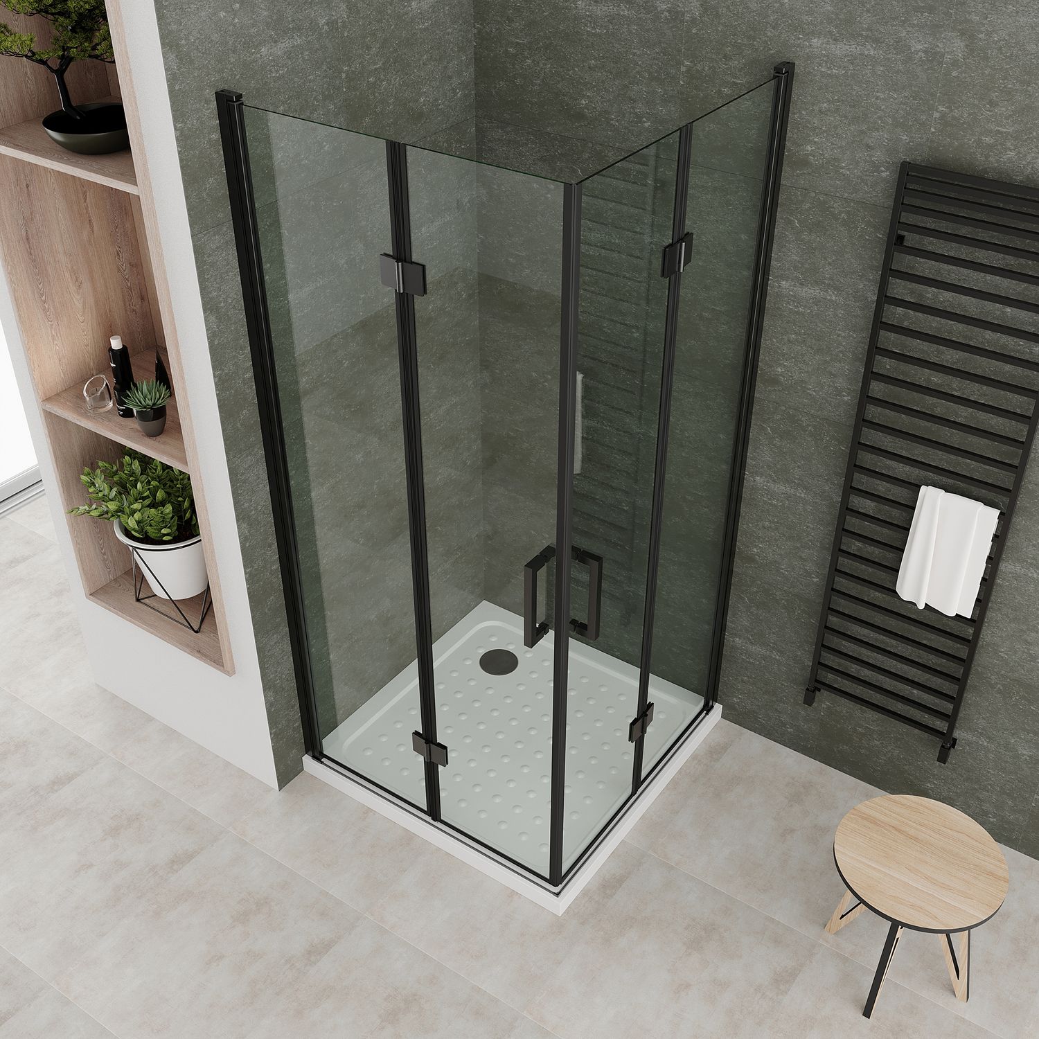 Eckeinstieg Belle mit Falttüren und schwarzen Profilen aus ESG Sicherheitsglas Eckeinstieg Belle mit Falttüren und schwarzen Profilen aus ESG Sicherheitsglas