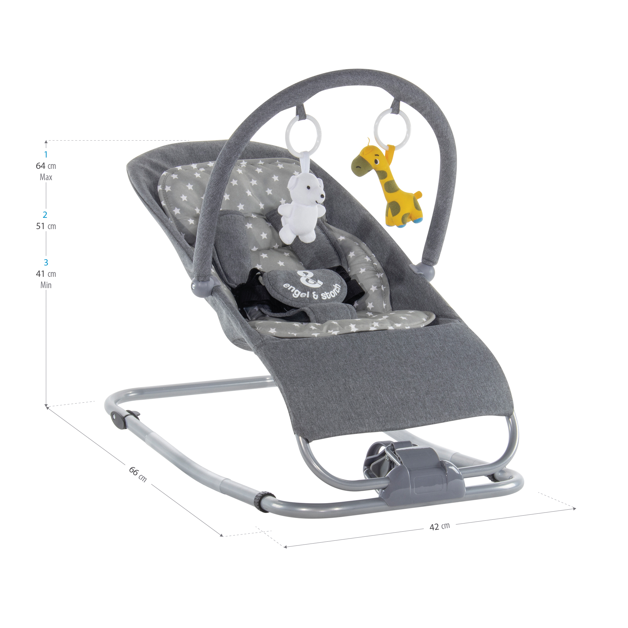 Babywippe VIENO mit abnehmbarem Bezug und Spielebogen Grau + Grau weiße Sterne