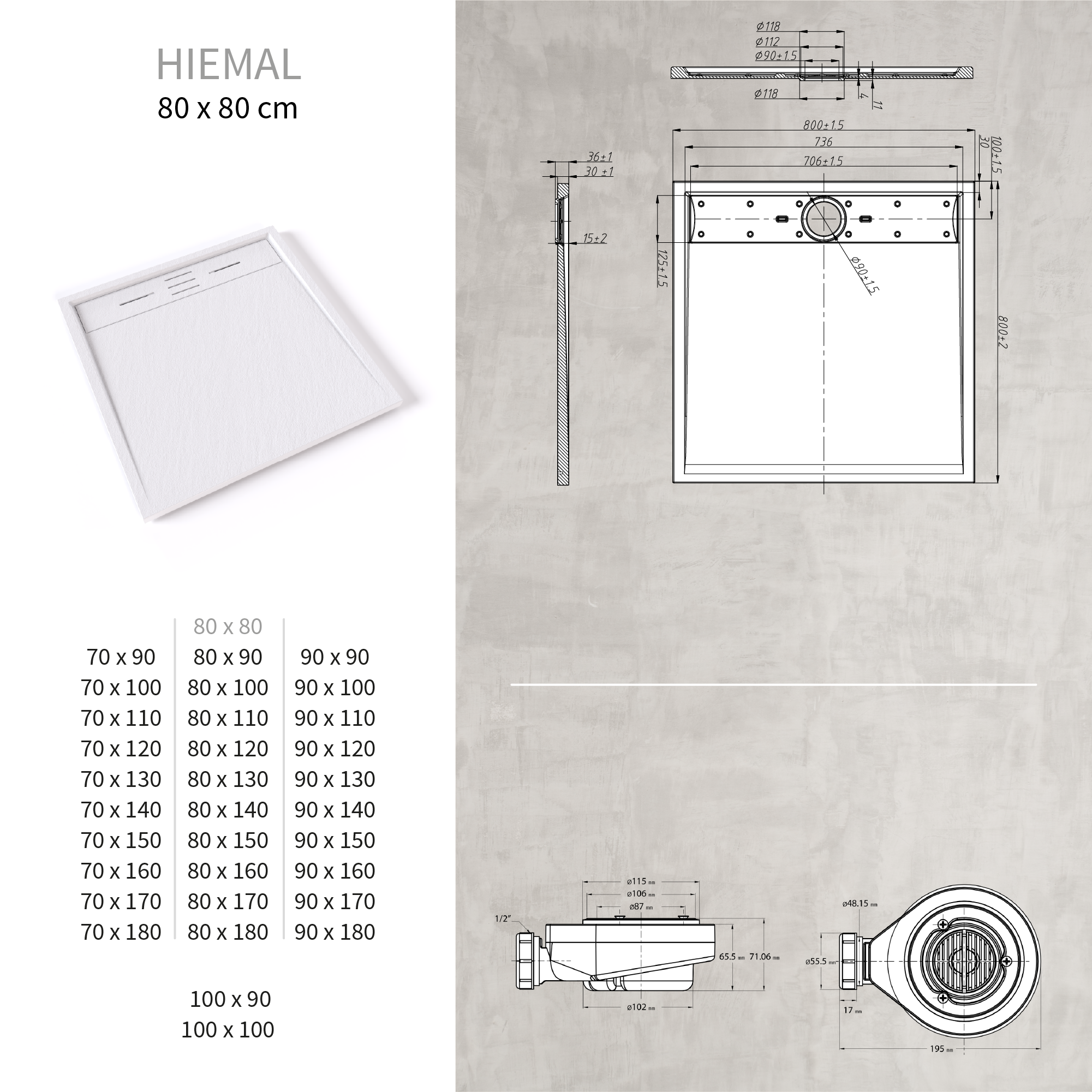 SMC Duschwanne Hiemal in Schieferoptik inkl. Ablaufgarnitur Grau 80x80 cm SMC Duschwanne Hiemal in Schieferoptik inkl. Ablaufgarnitur Weiß 80x80 cm