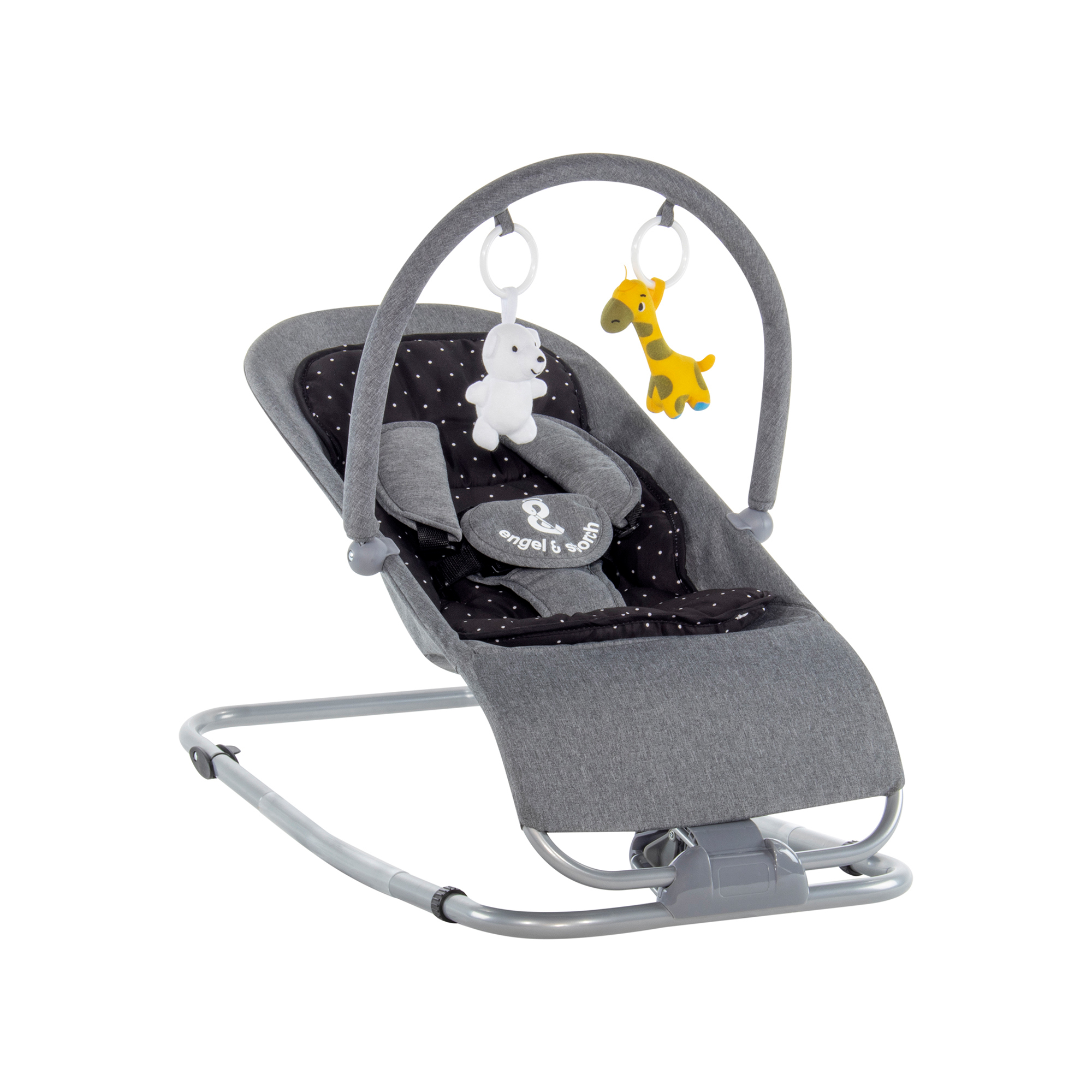 Babywippe VIENO mit abnehmbarem Bezug und Spielebogen Grau + Schwarz weiße Punkte Babywippe VIENO mit abnehmbarem Bezug und Spielebogen Grau + Schwarz weiße Punkte