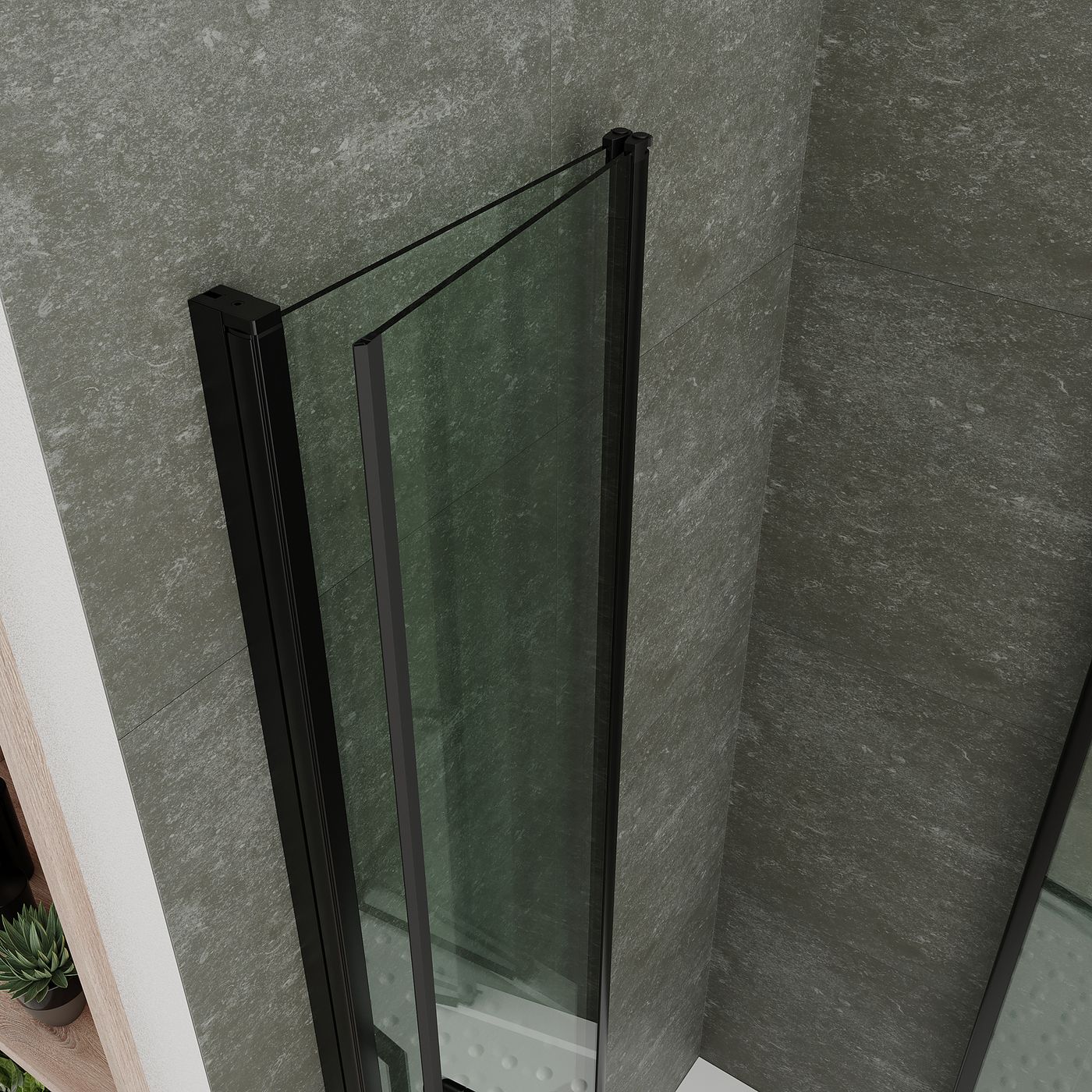 Eckeinstieg Alina mit Falttüren und schwarzen Profilen aus ESG Sicherheitsglas