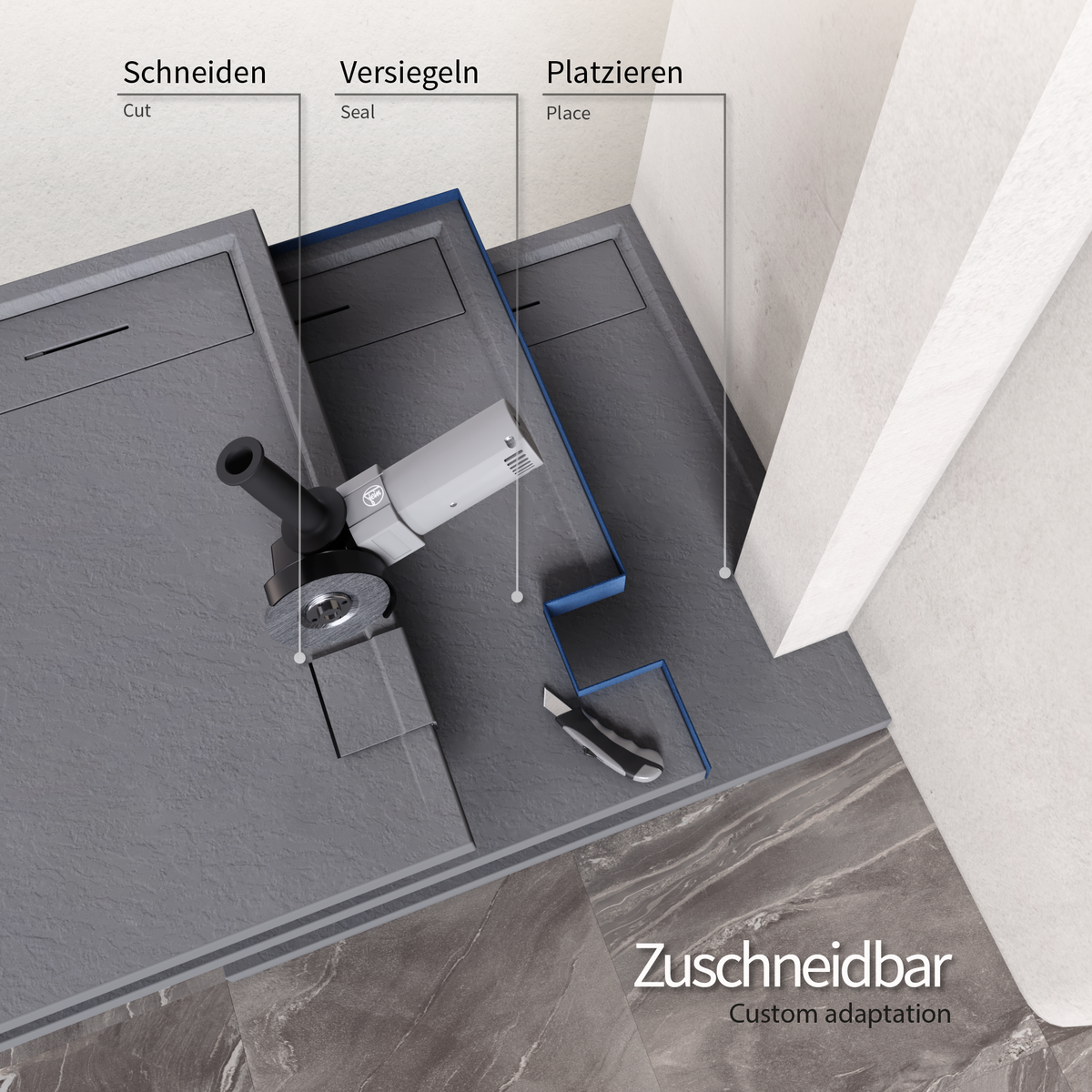 SMC Duschwanne Hiemal in Schieferoptik inkl. Ablaufgarnitur Grau 90x100 cm