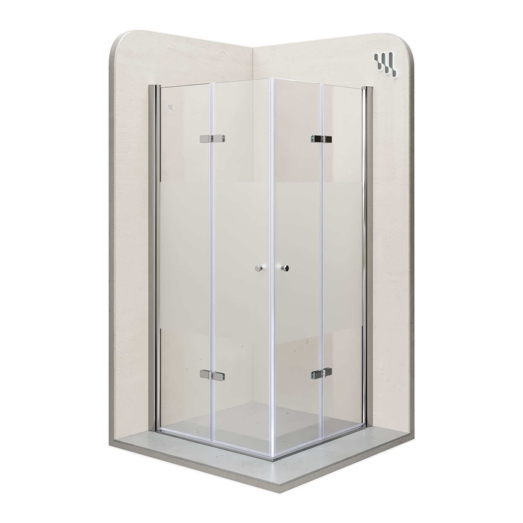 Eckeinstieg Emma mit Falttüren aus teilsatiniertem ESG Sicherheitsglas