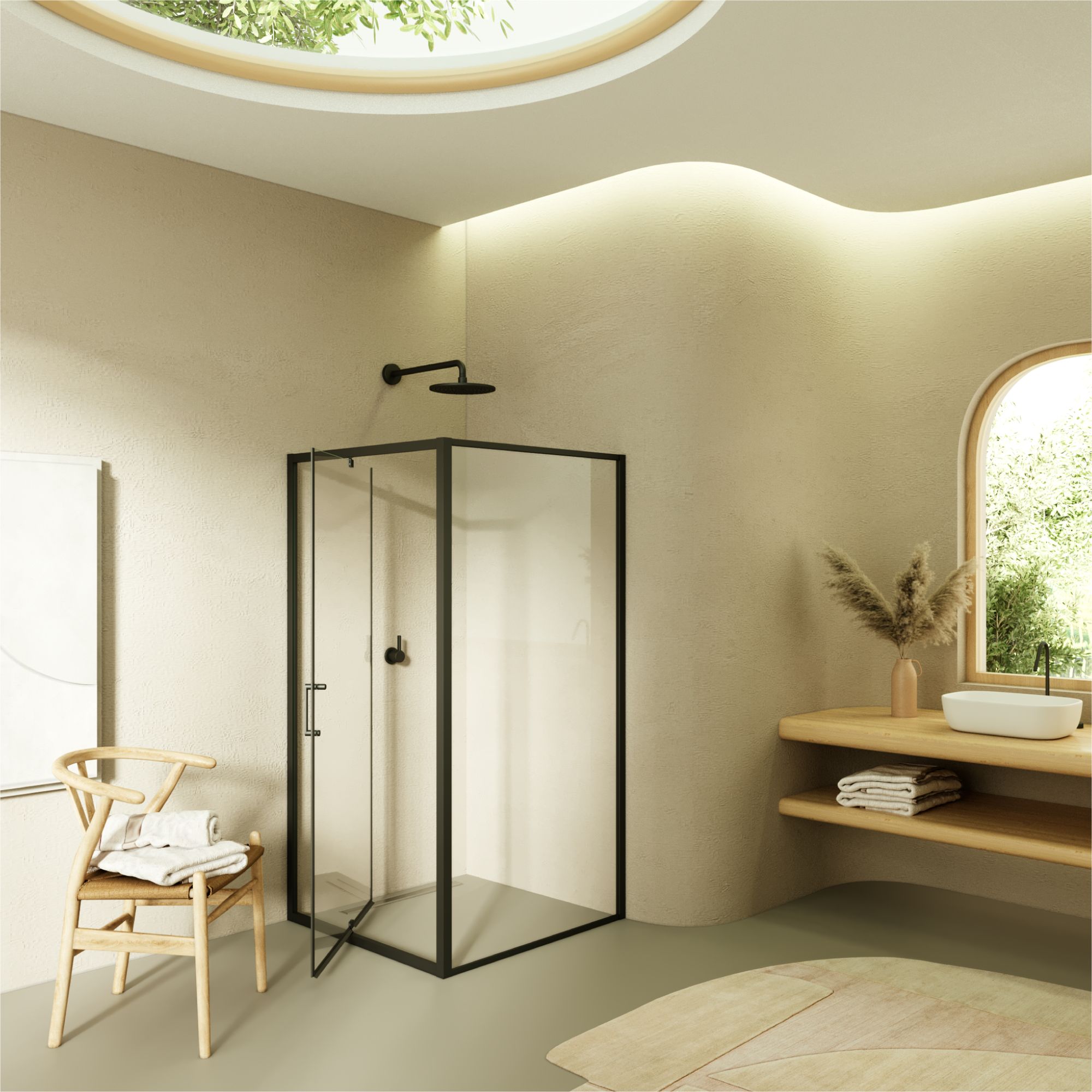 Fronteinstieg Isadora mit Klapptür und schwarzen Profilen aus ESG Sicherheitsglas