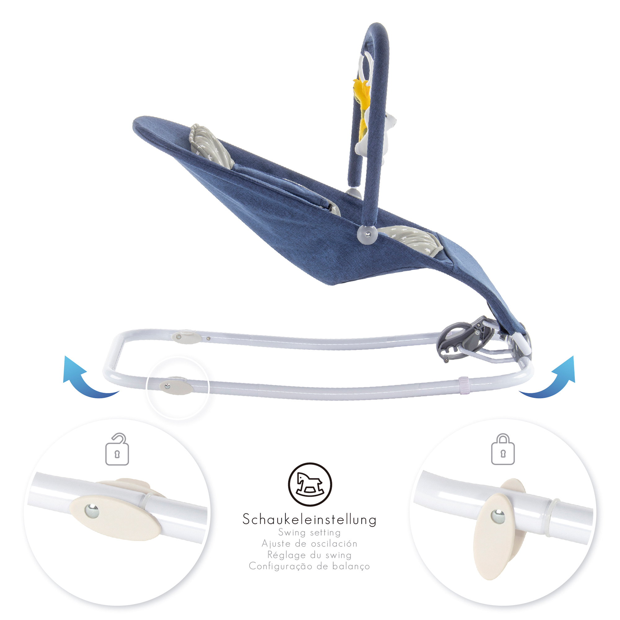 Babywippe VIENO mit abnehmbarem Bezug und Spielebogen Blau + Grau weiße Sterne