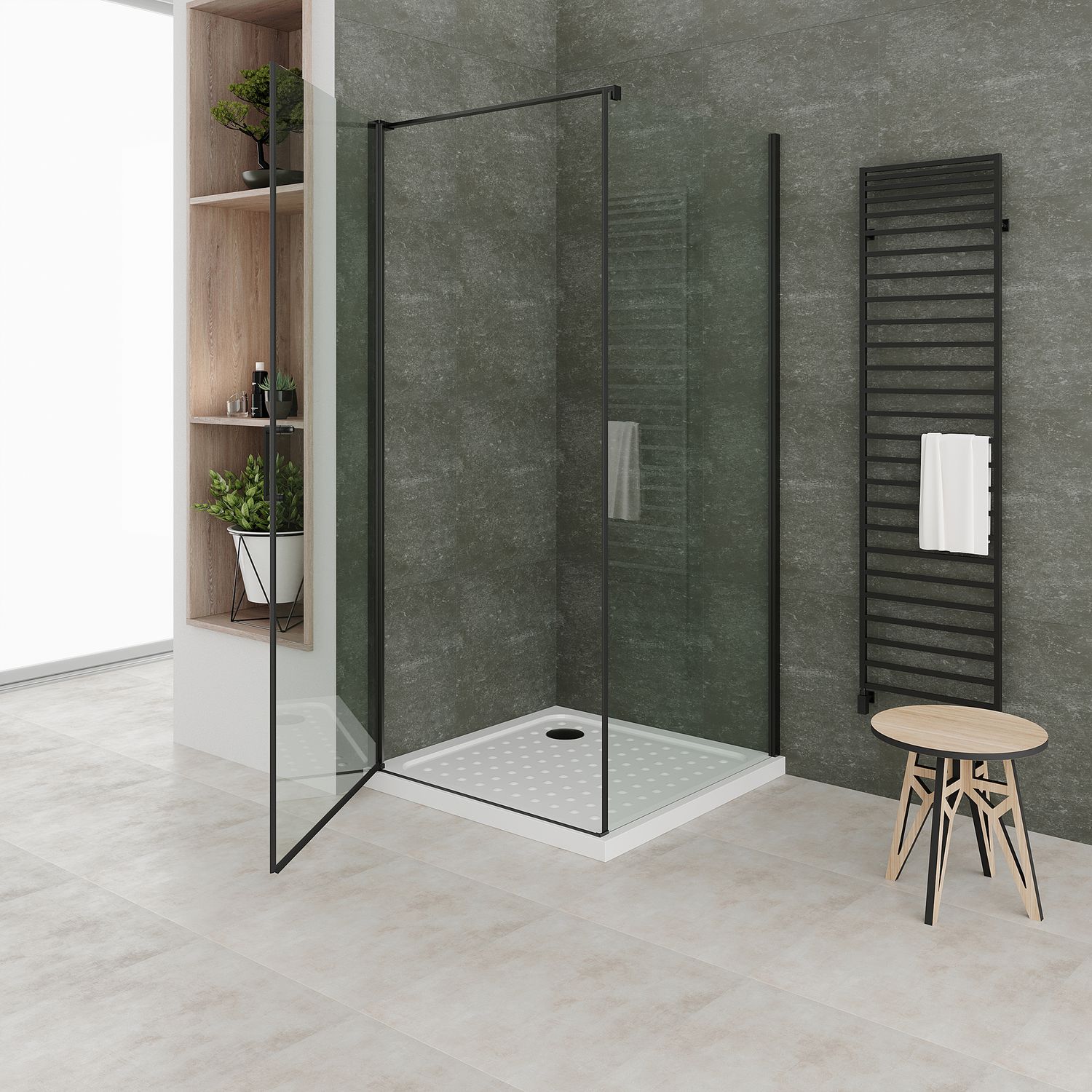 Fronteinstieg Hellen mit Klapptür und schwarzen Profilen aus ESG Sicherheitsglas Fronteinstieg Hellen mit Klapptür und schwarzen Profilen aus ESG Sicherheitsglas