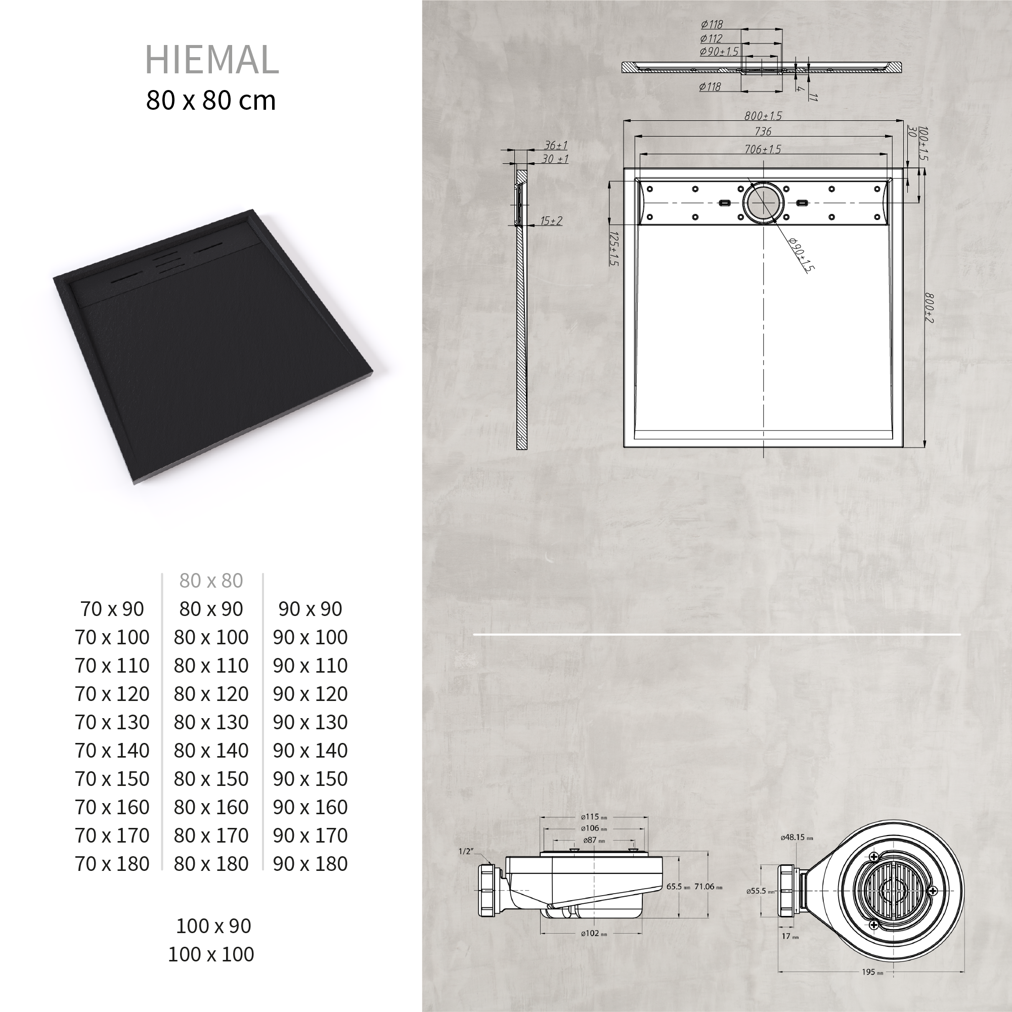 SMC Duschwanne Hiemal in Schieferoptik inkl. Ablaufgarnitur Schwarz 80x80 cm