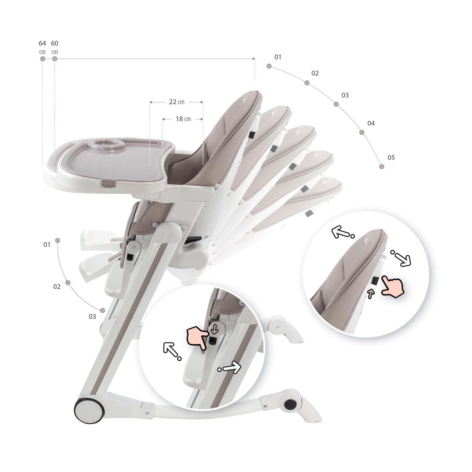 Kinderhochstuhl ADELLE Verstellbar und Klappbar inkl. Spielebogen Weiß-Grau