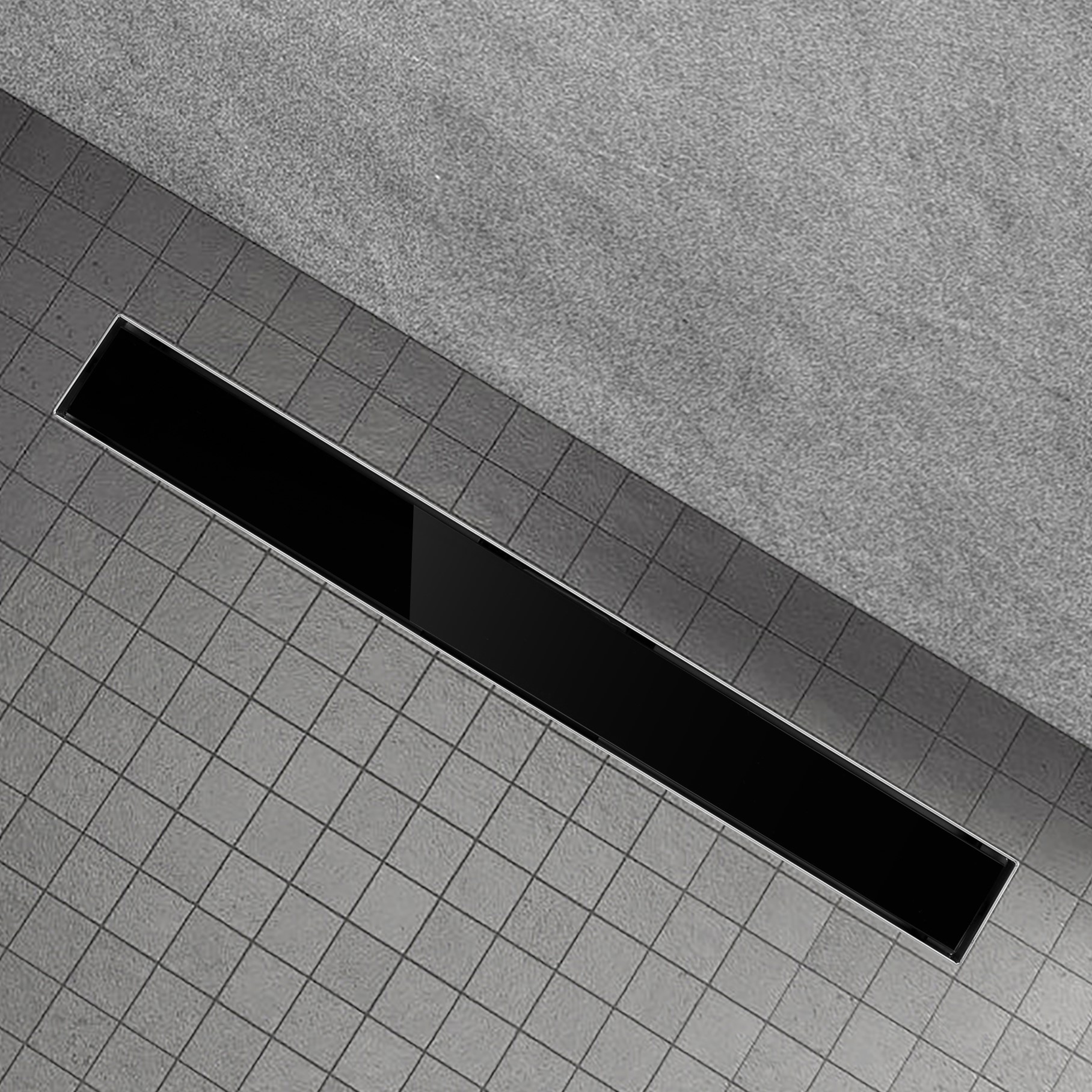 Duschrinne aus Edelstahl mit schwarzem Glas-Ablaufblende für flache Installation B2 Duschrinne aus Edelstahl mit schwarzem Glas-Ablaufblende für flache Installation B2