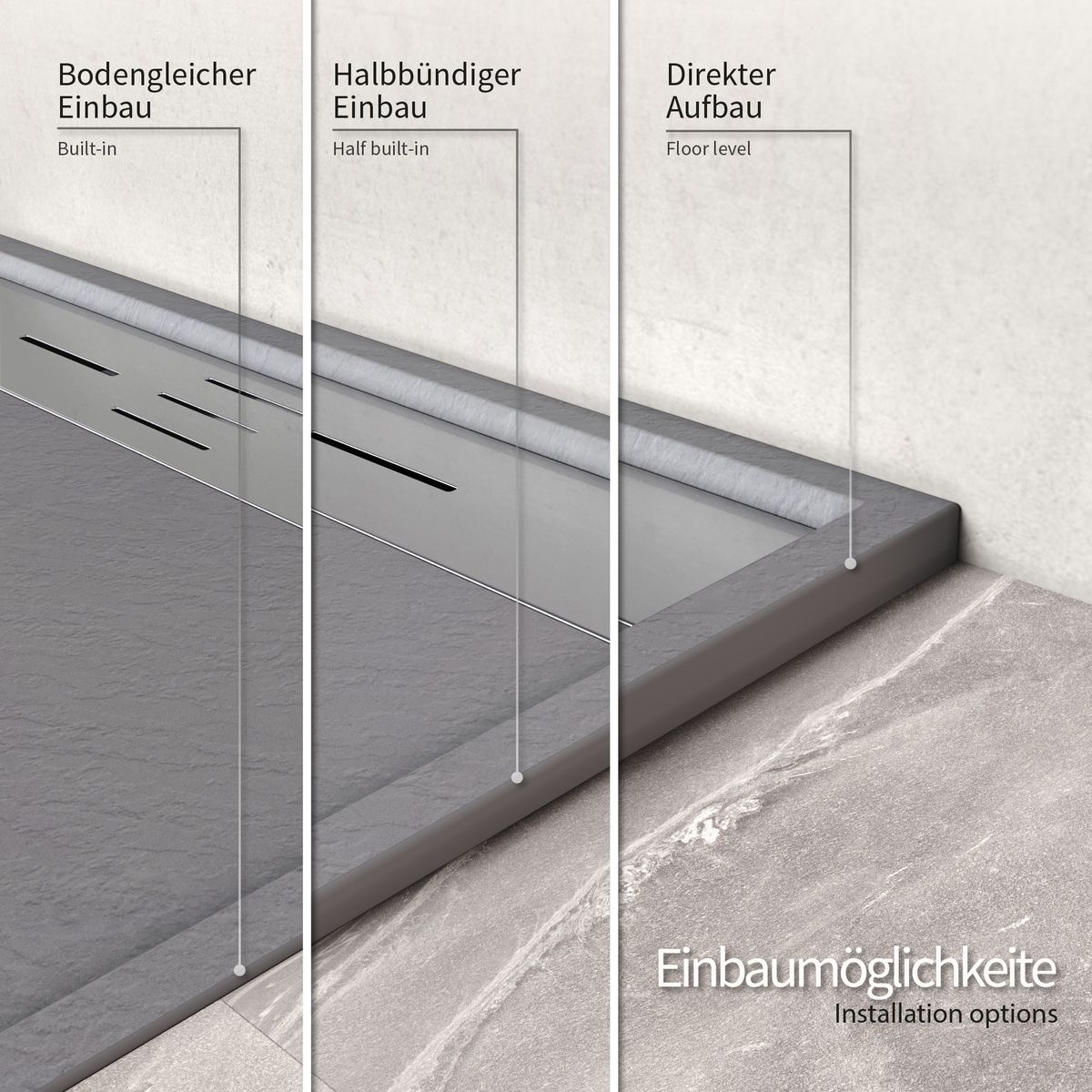 SMC Duschwanne Hiemal in Schieferoptik inkl. Ablaufgarnitur Grau mit Edelstahldeckel 90x90 cm