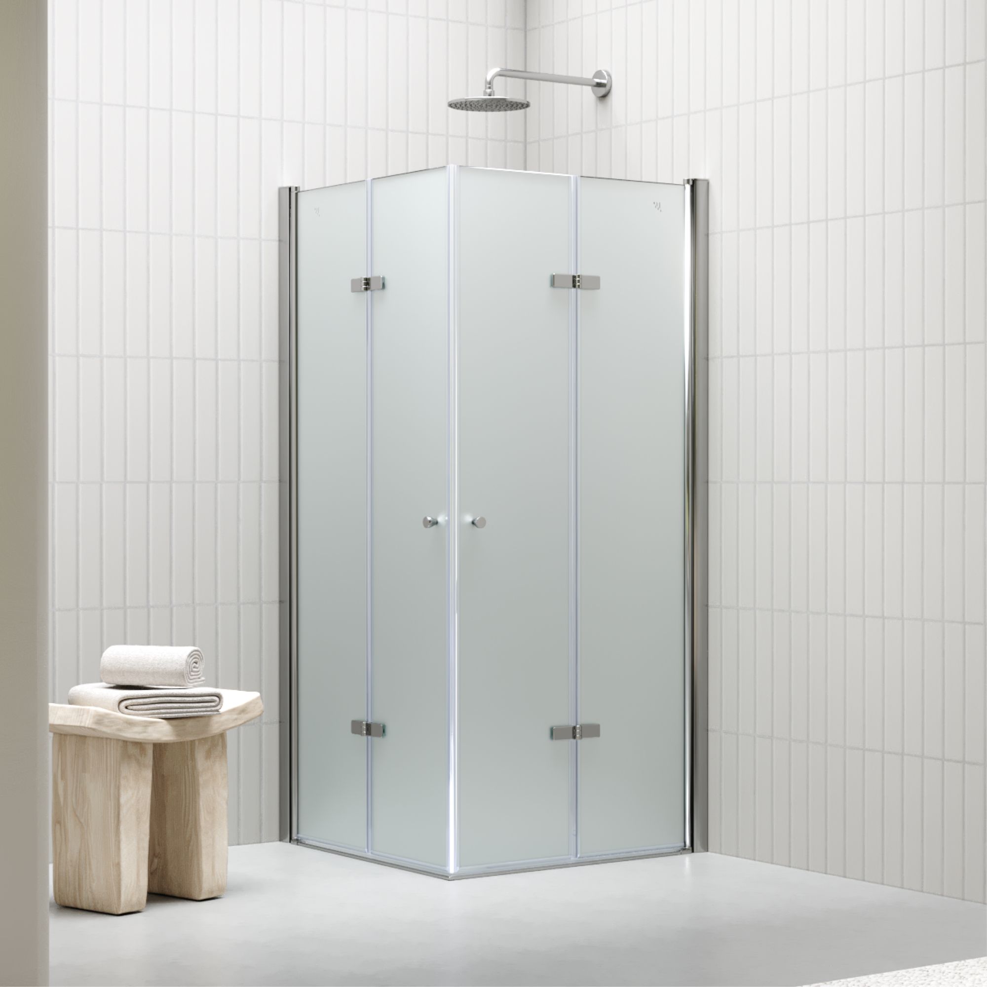 Eckeinstieg Emma mit Falttüren aus satiniertem ESG Sicherheitsglas Eckeinstieg Emma mit Falttüren aus satiniertem ESG Sicherheitsglas