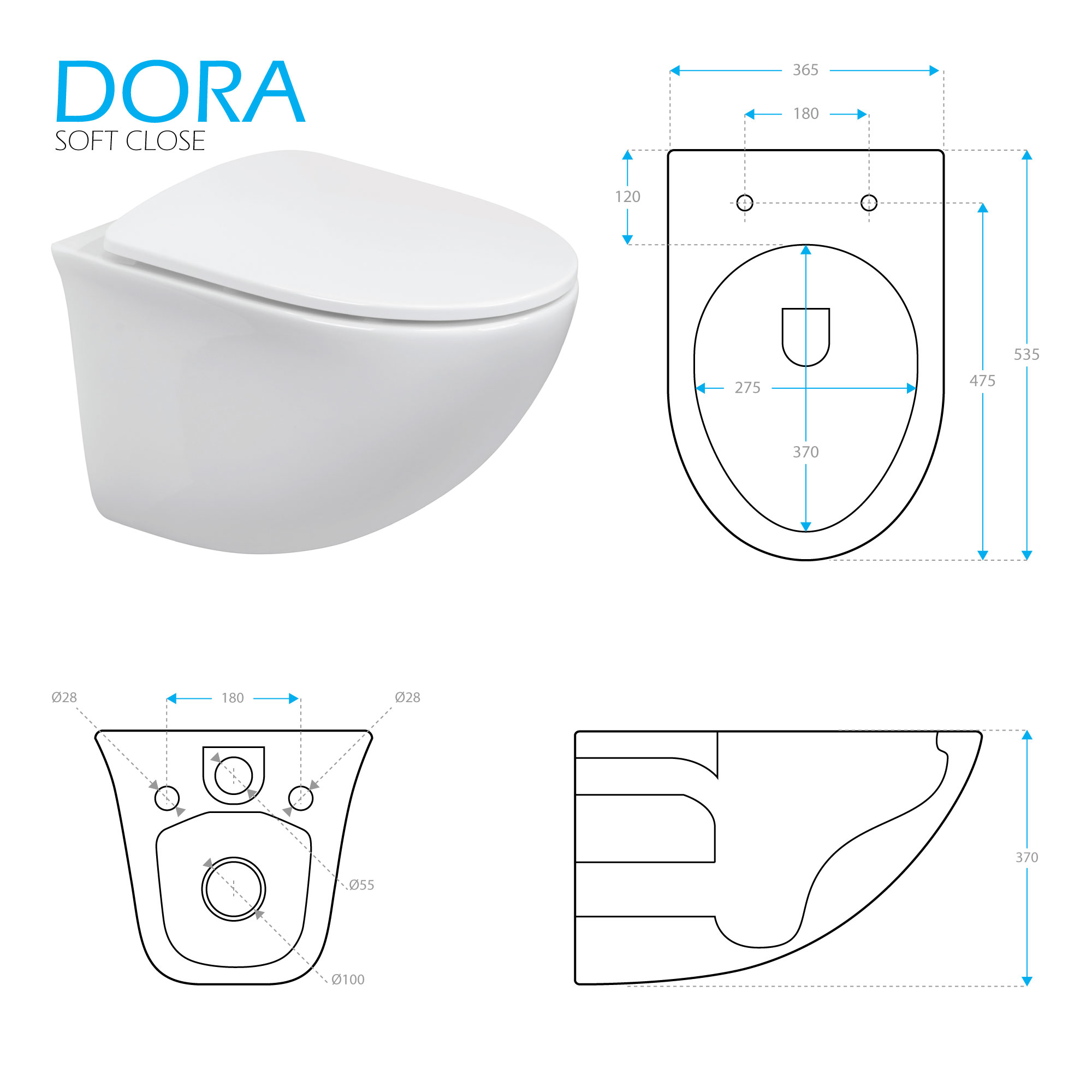 Toilette Hänge WC Spülrandlos inkl. WC Sitz mit Softclose Absenkautomatik + abnehmbar Dora