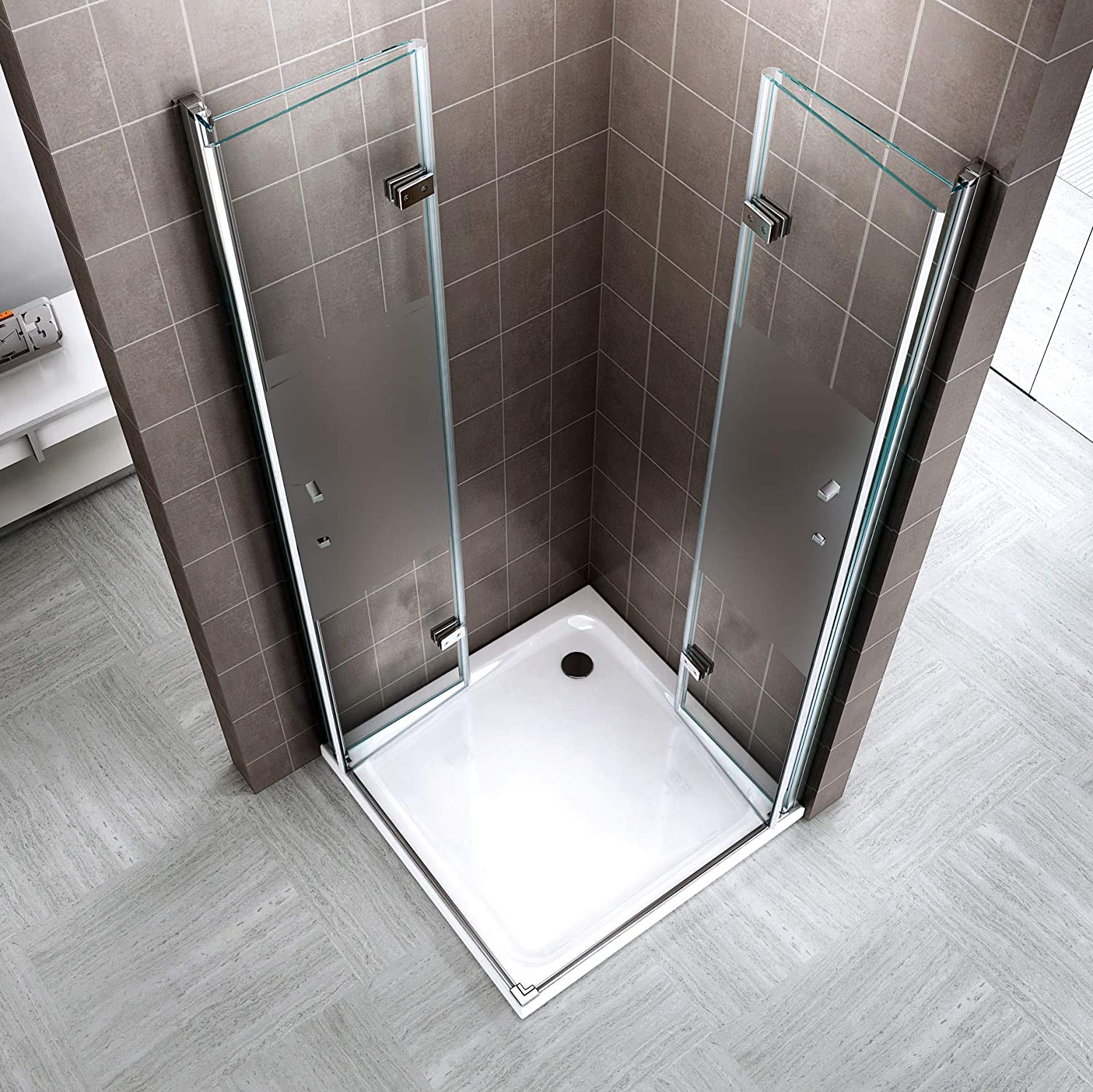 Eckeinstieg Matilde mit Falttüren aus teilsatiniertem ESG Sicherheitsglas