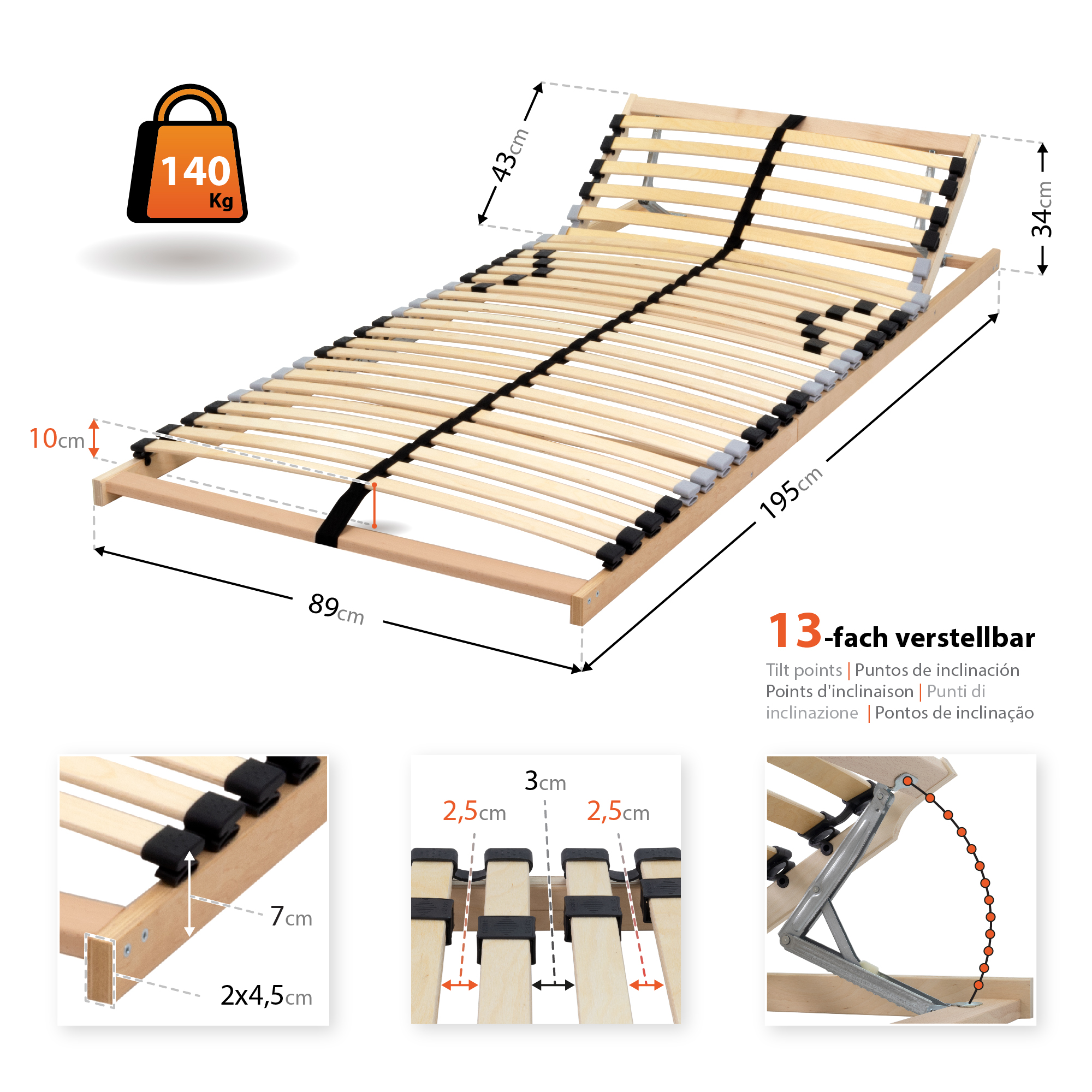 Lattenrost Luna 7 Zonen mit verstellbarem Kopfteil und Härte 90x200 cm