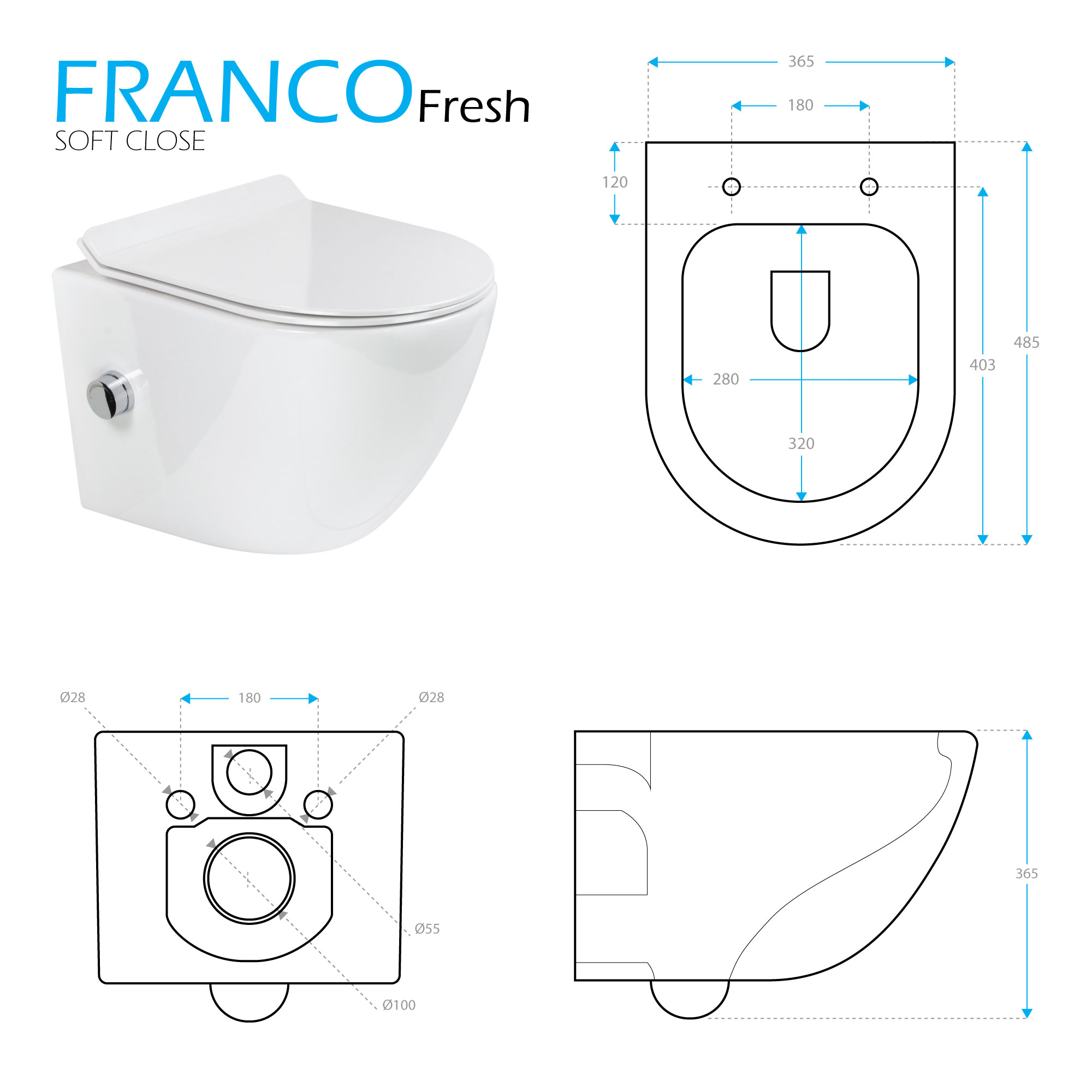 Dusch-WC Franco Fresh mit Bidetfunktion, spülrandloses Wand-WC in Weiß Dusch-WC Franco Fresh mit Bidetfunktion, spülrandloses Wand-WC in Weiß