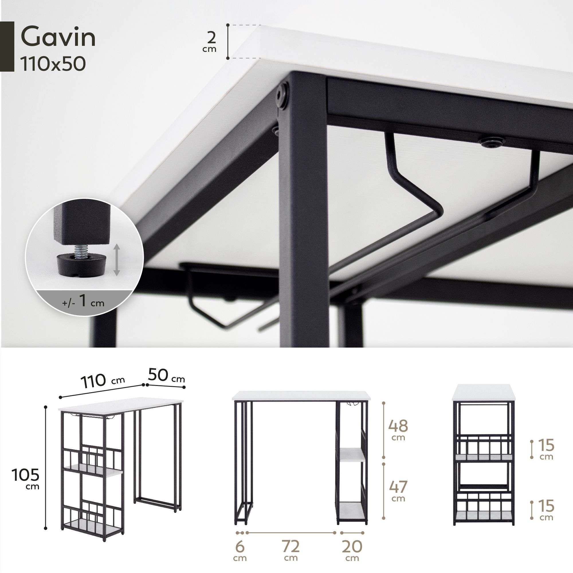 i-flair Stehtisch Bartisch Gavin – Stehtisch mit Stahlrahmen und 2 Ablageflächen & Glashalter Weiß