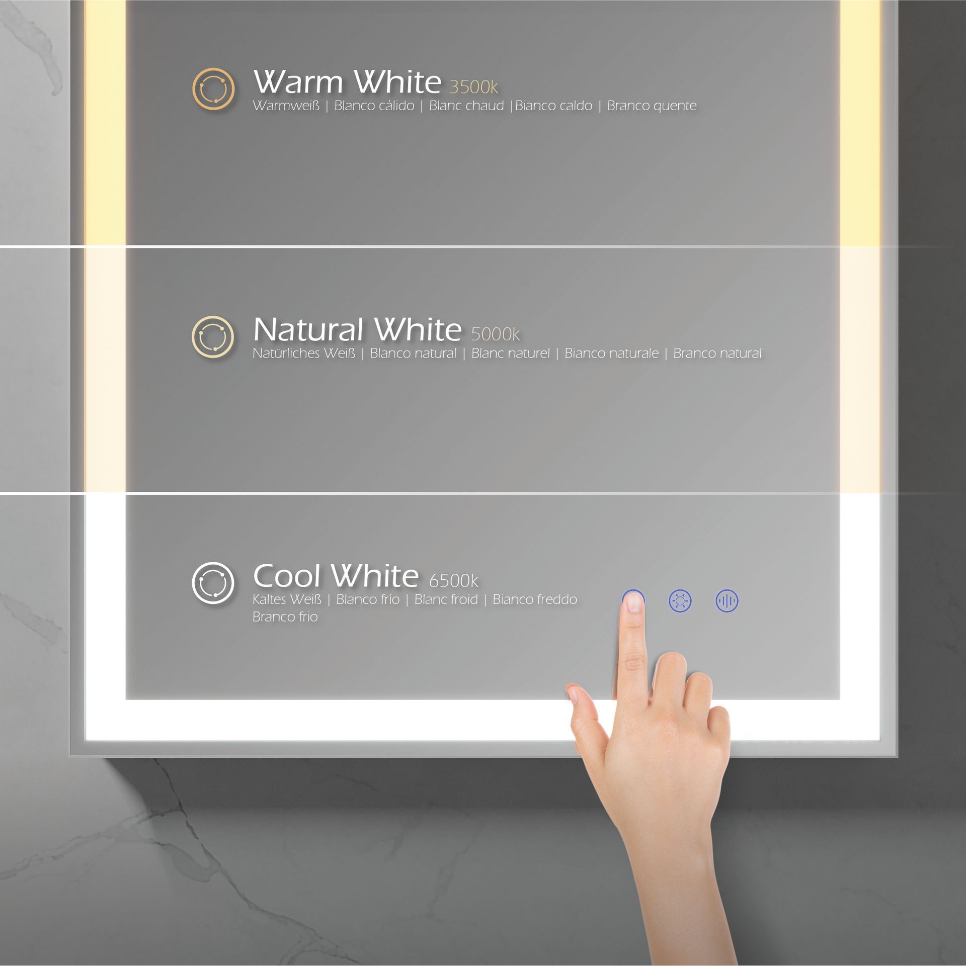 LED Badezimmer Spiegel Cadre mit dimmbarer Beleuchtung, Antibeschlag-Funktion und Farbwechsel