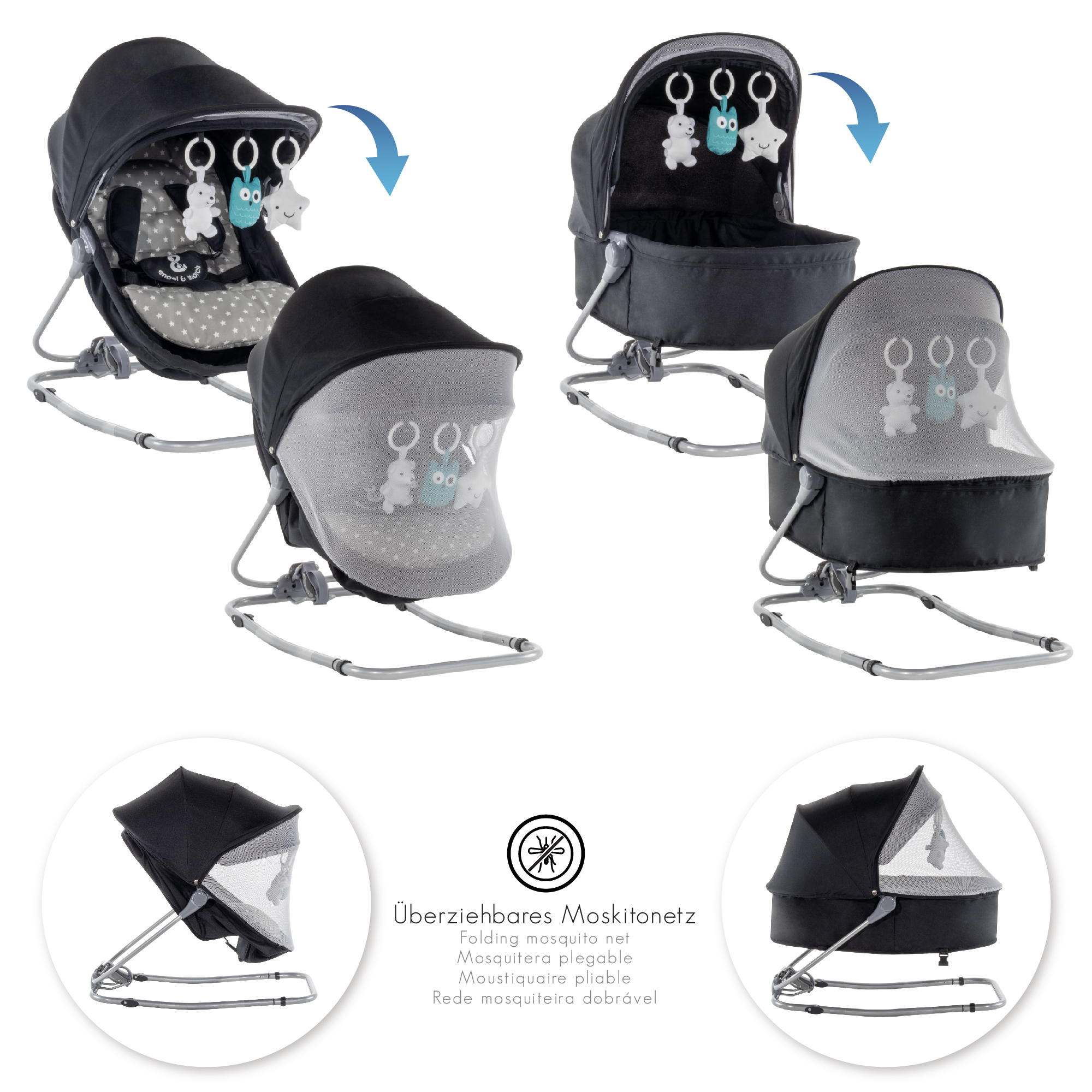 Babywippe PAVO mit Wiegenfunktion und Spielebogen Schwarz + Grau weiße Sterne