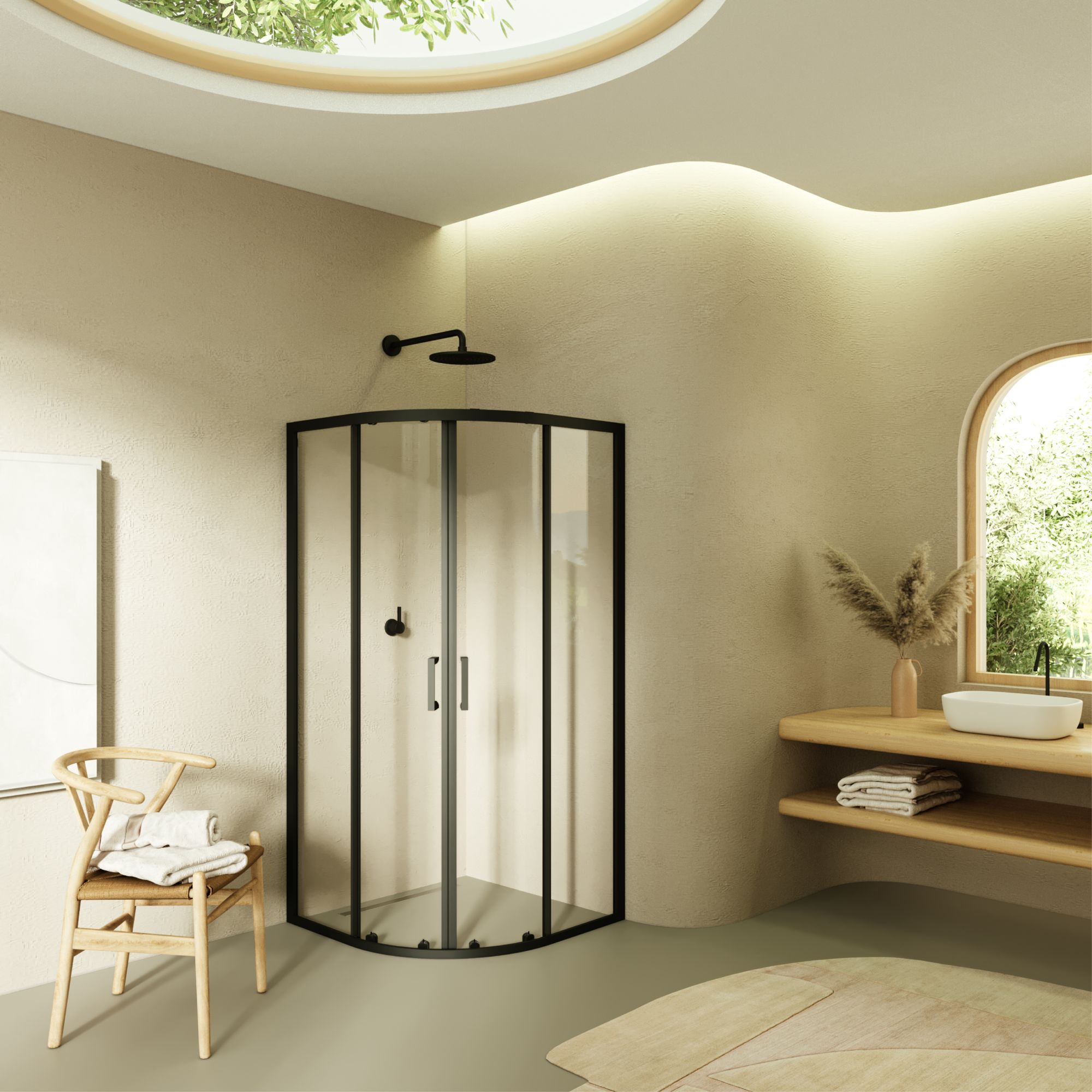 Viertelkreisdusche Ella mit Schiebetüren und schwarzen Profilen aus ESG Sicherheitsglas Viertelkreisdusche Ella mit Schiebetüren und schwarzen Profilen aus ESG Sicherheitsglas