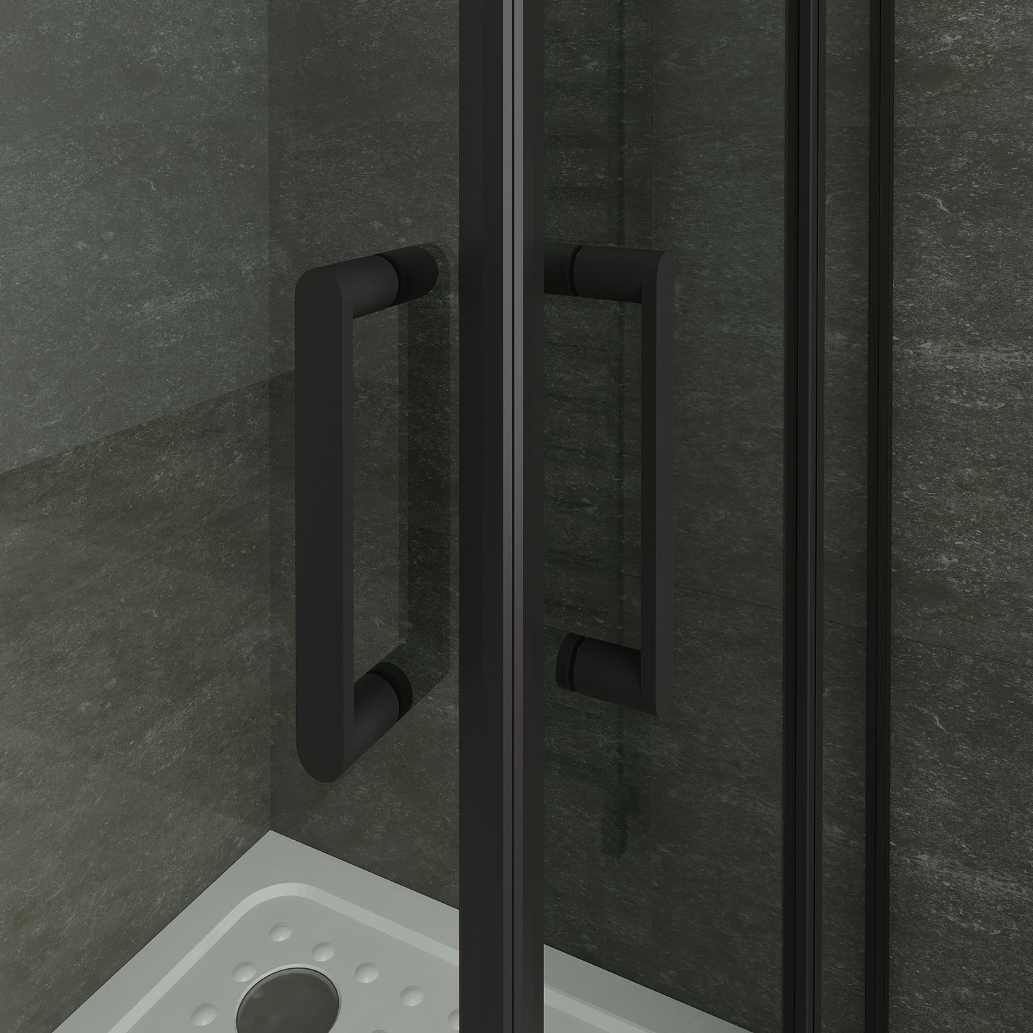 Eckeinstieg Linda mit Klapptüren und schwarzen Profilen aus ESG Sicherheitsglas