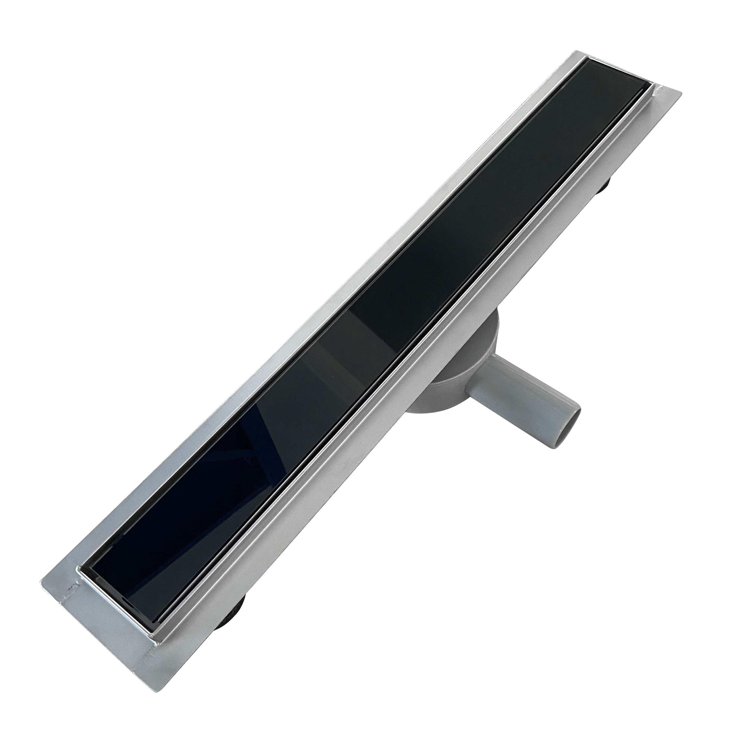 Duschrinne aus Edelstahl mit schwarzem Glas-Ablaufblende für flache Installation B2 Duschrinne aus Edelstahl mit schwarzem Glas-Ablaufblende für flache Installation B2