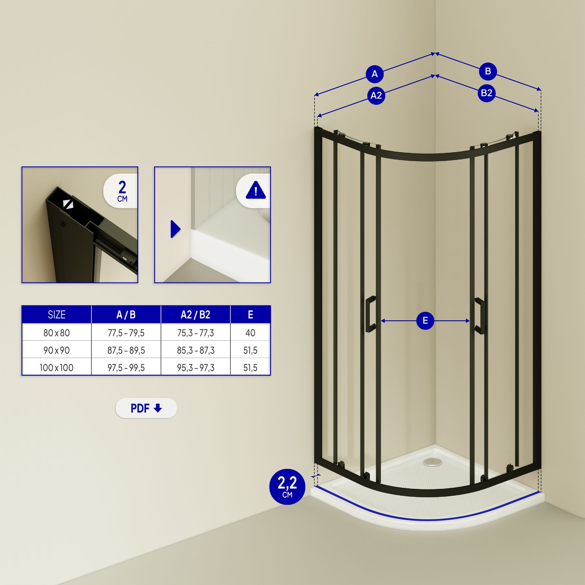 Viertelkreisdusche Ella mit Schiebetüren und schwarzen Profilen aus ESG Sicherheitsglas
