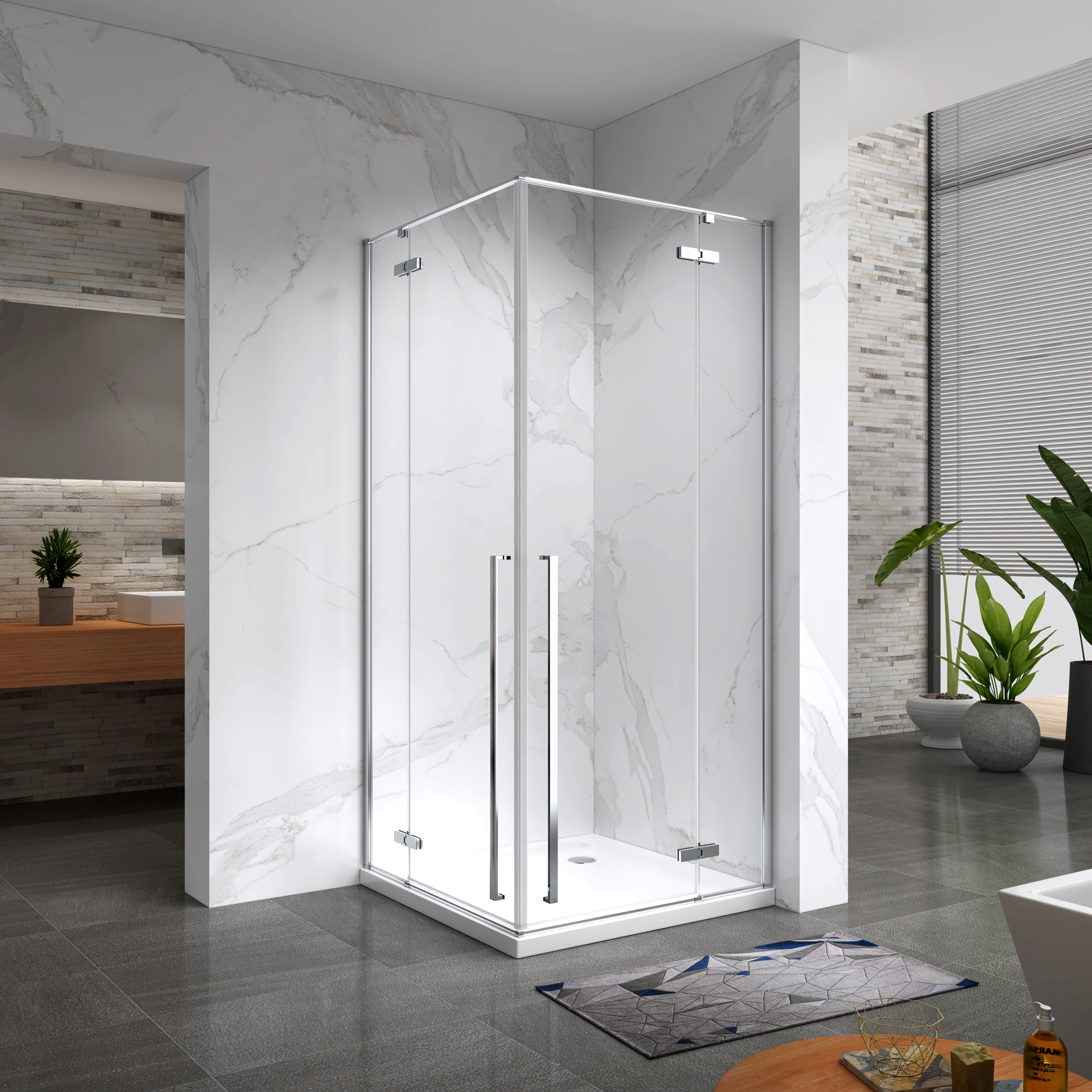 Eckeinstieg Jayla mit Drehtüren und verchromten Profilen aus ESG Sicherheitsglas 190 cm-90x90 cm