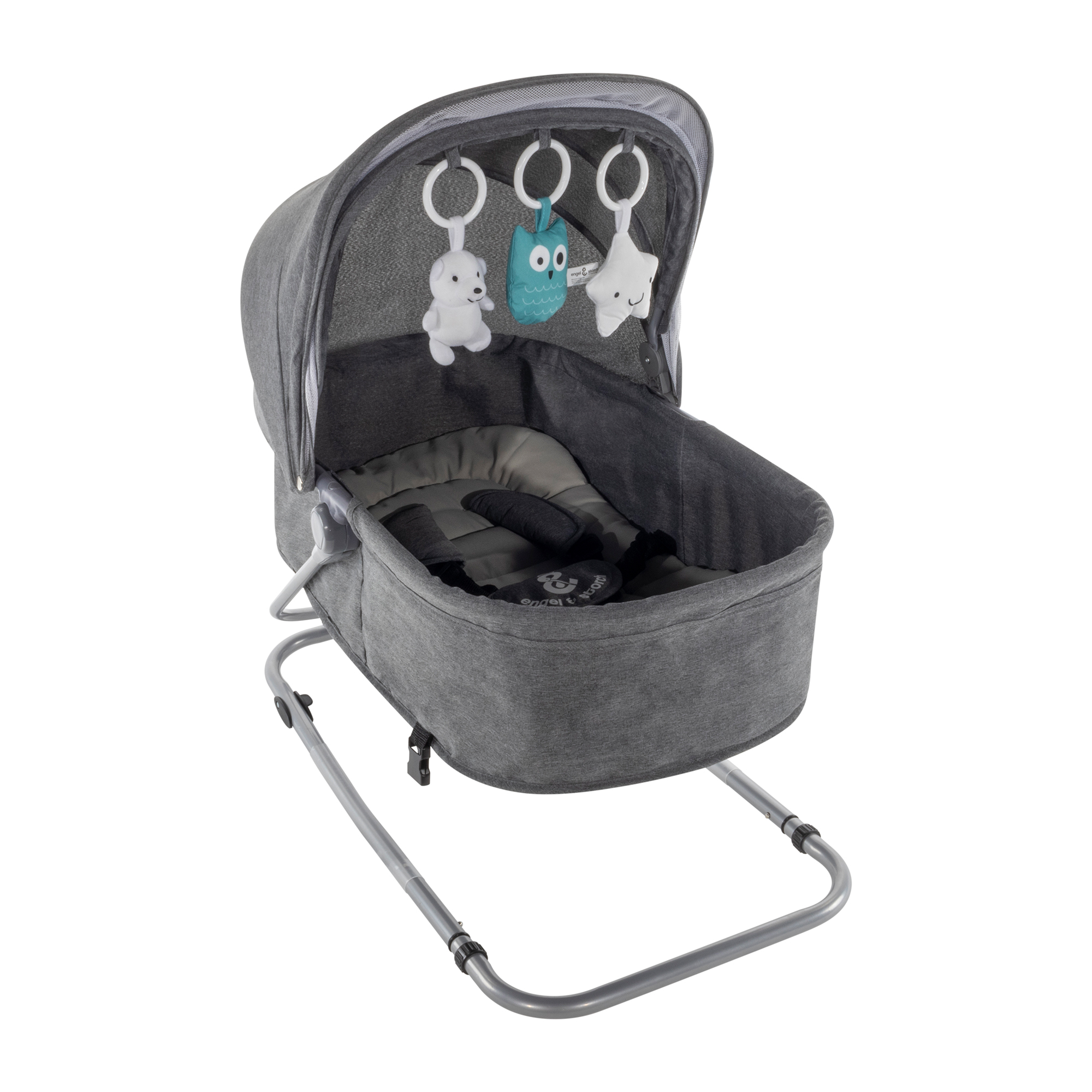 Babywippe PAVO mit Wiegenfunktion und Spielebogen Grau + Grau