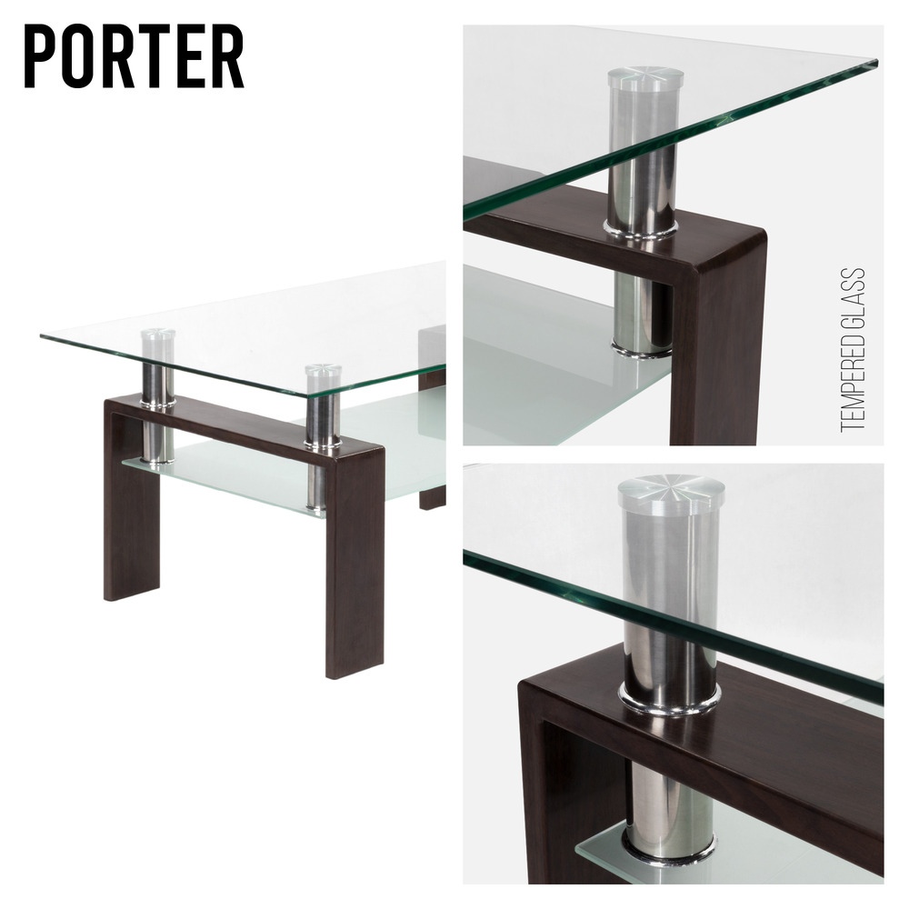 Couchtisch PORTER aus Glas/Metall mit Holz in Walnussfarbe Couchtisch PORTER aus Glas/Metall mit Holz in Walnussfarbe