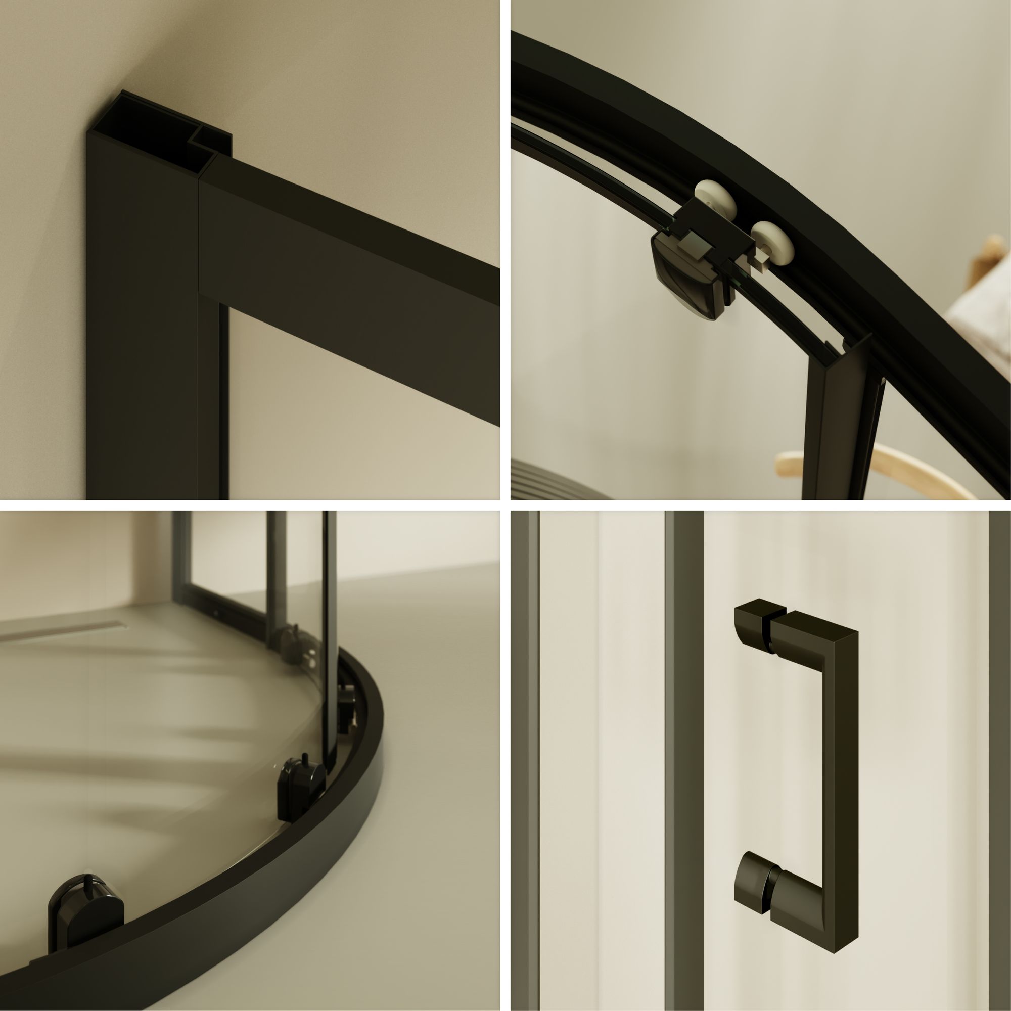 Viertelkreisdusche Ella mit Schiebetüren aus gestreiftem ESG Glas mit schwarzen Aluminium Profile