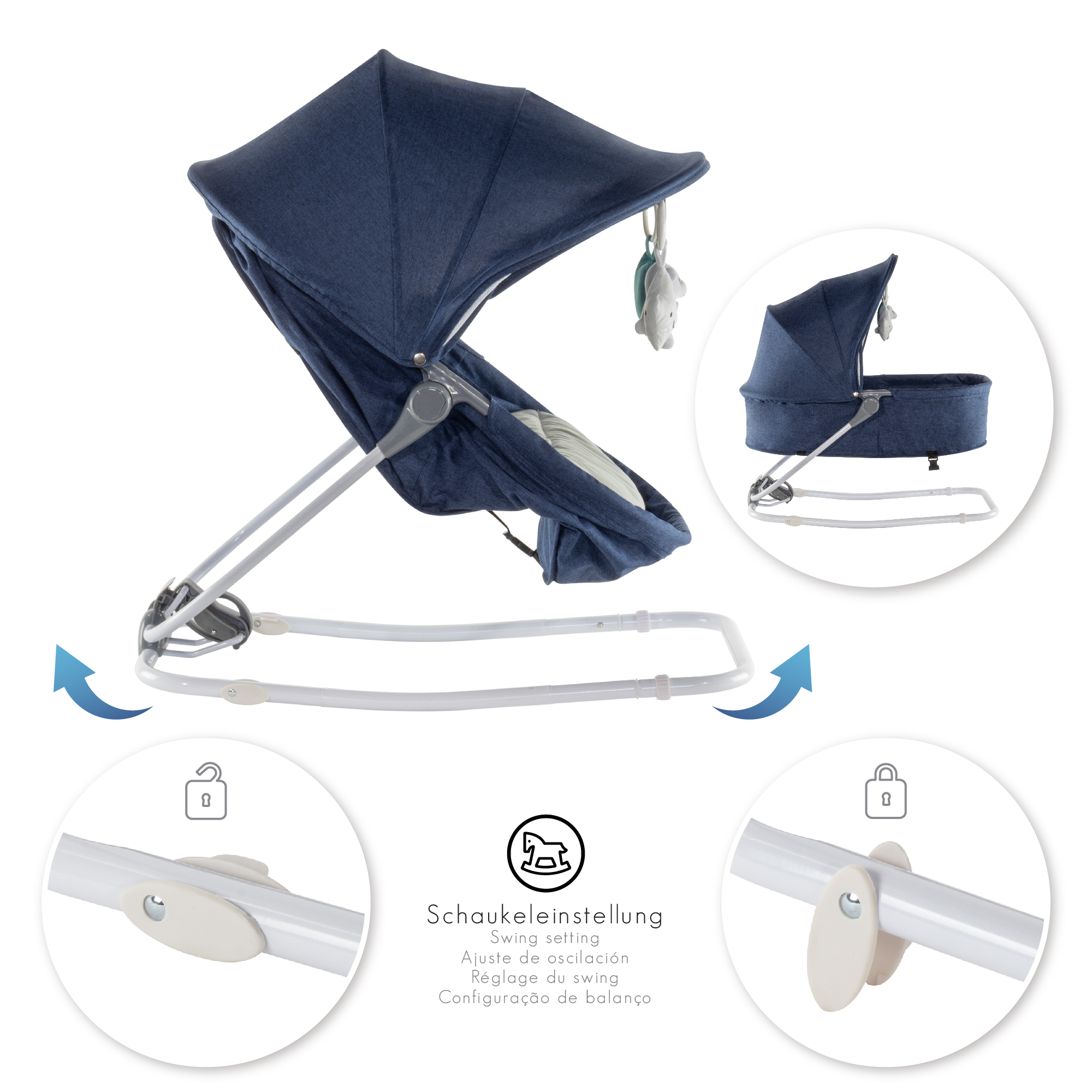 Babywippe PAVO mit Wiegenfunktion und Spielebogen Blau + Grau
