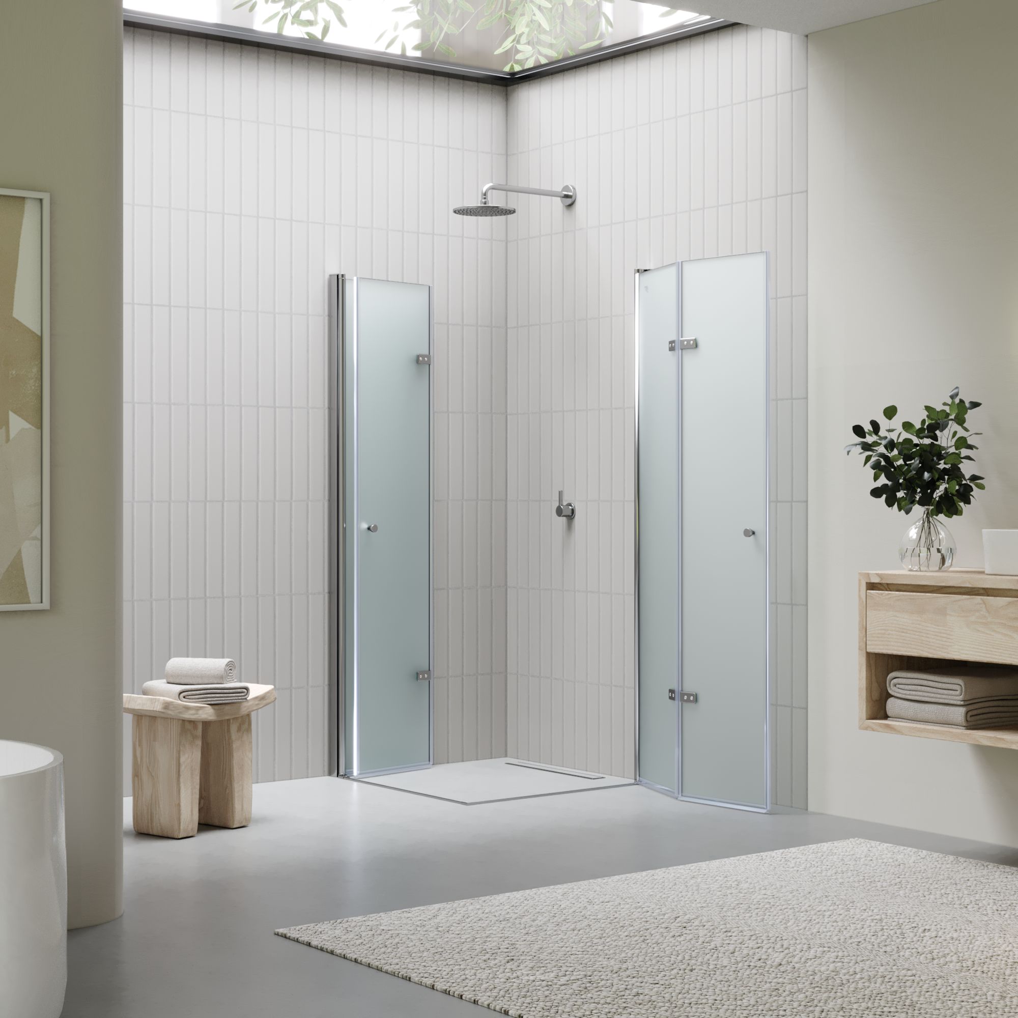 Eckeinstieg Emma mit Falttüren aus satiniertem ESG Sicherheitsglas