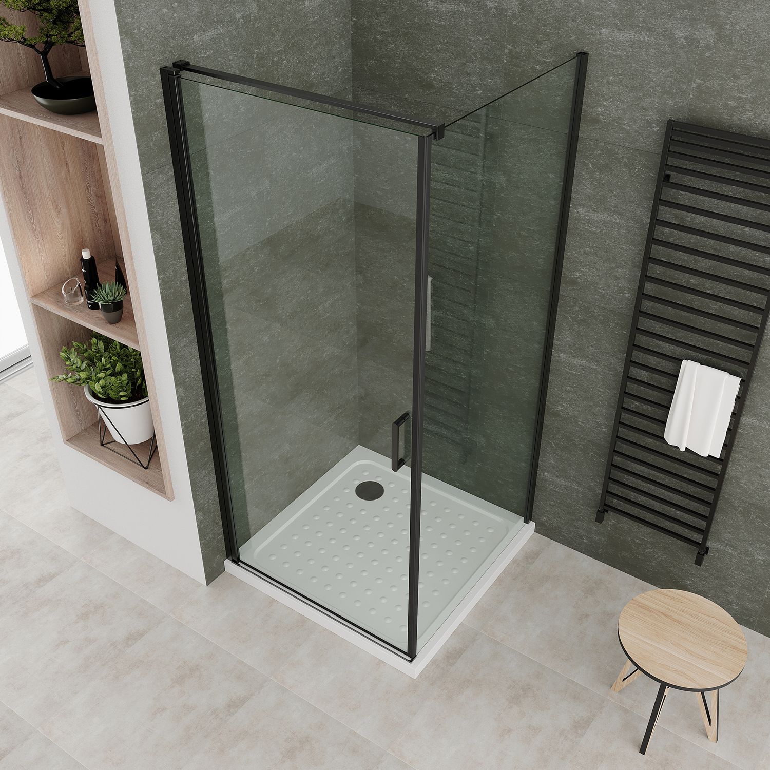 Fronteinstieg Hellen mit Klapptür und schwarzen Profilen aus ESG Sicherheitsglas