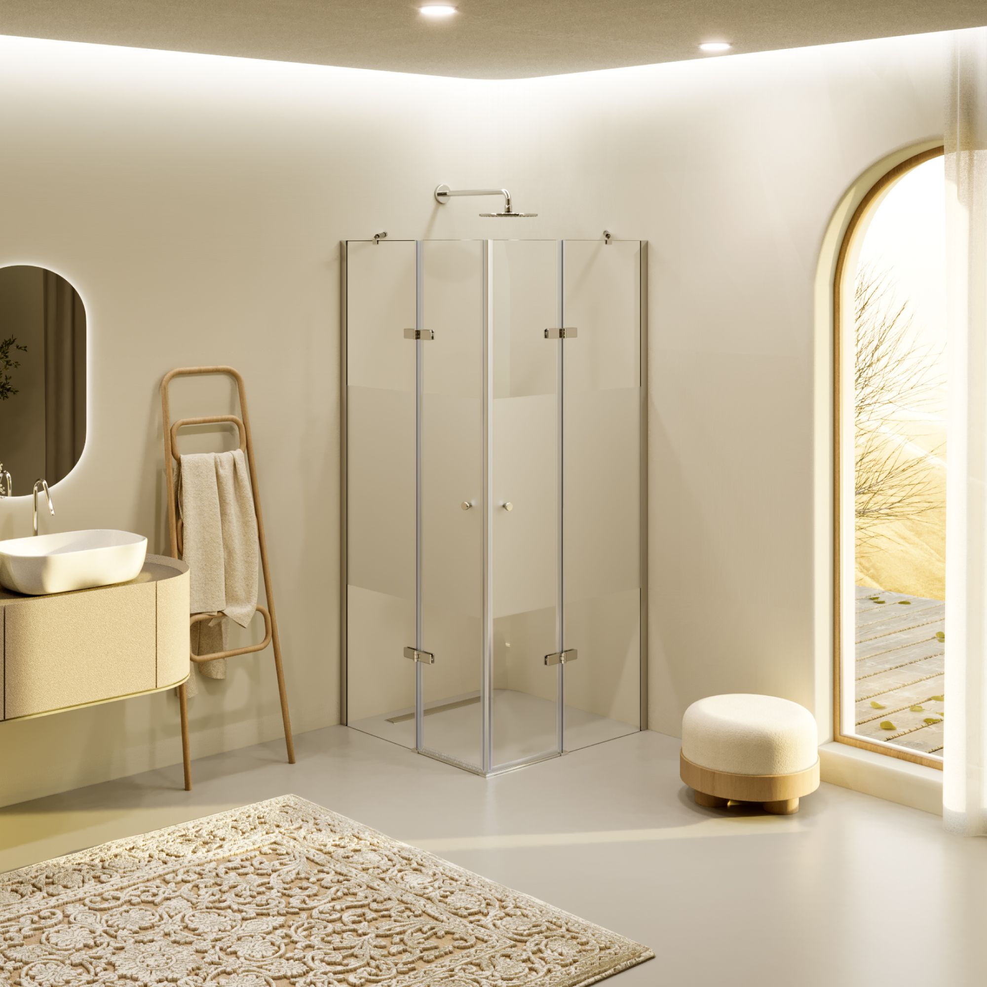 Eckeinstieg Alice mit Klapptüren aus teilsatiniertem ESG Sicherheitsglas