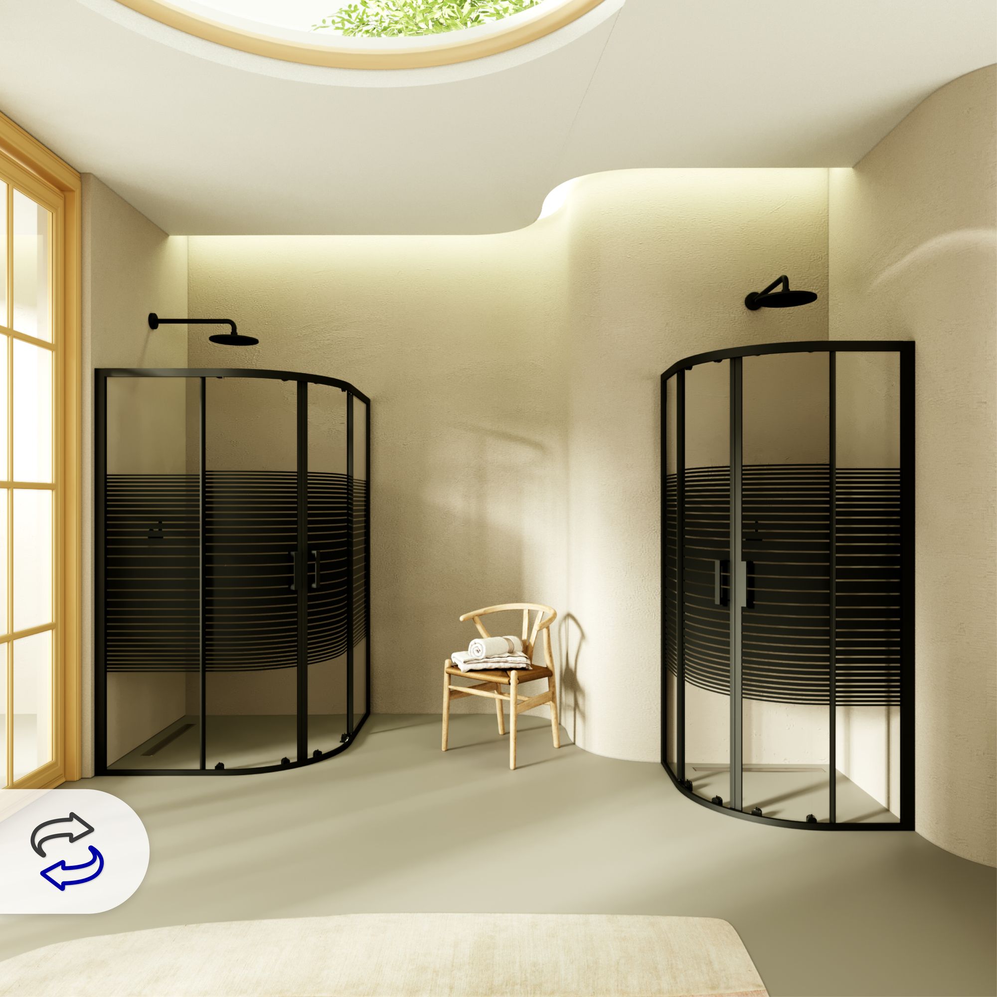 Viertelkreisdusche Ella mit Schiebetüren aus gestreiftem ESG Glas mit schwarzen Aluminium Profile