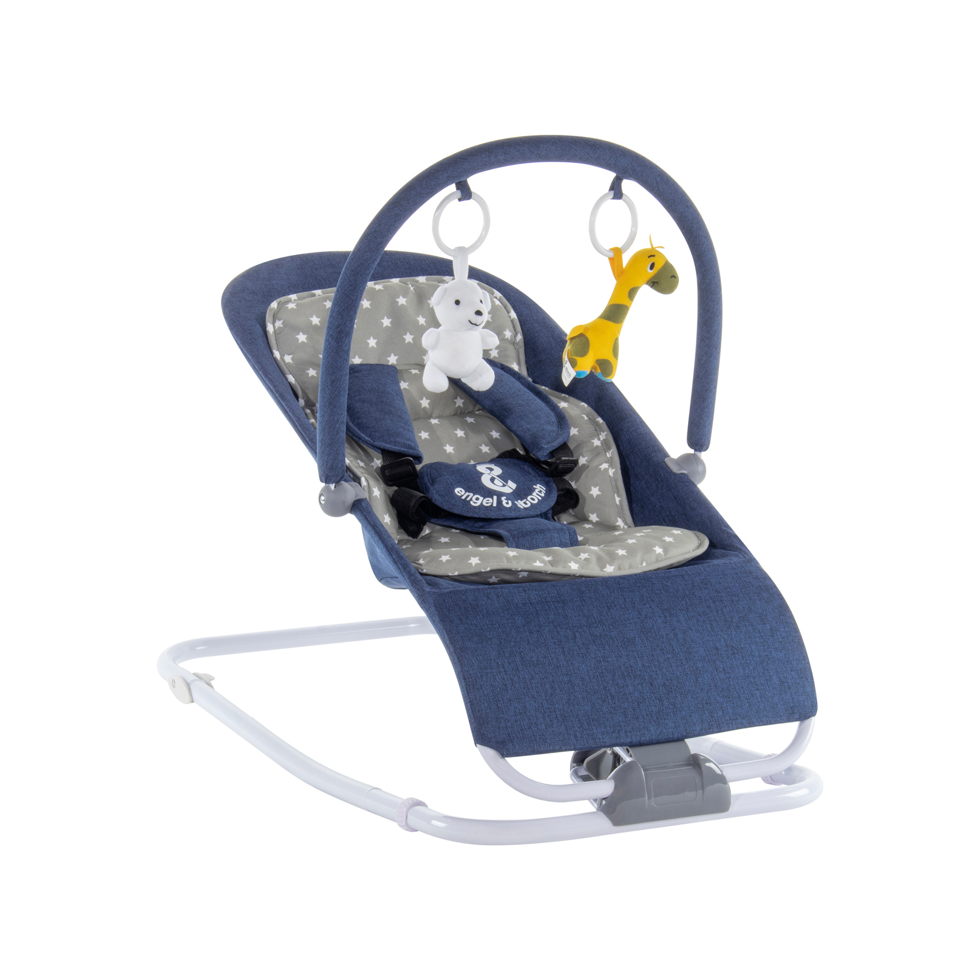 Babywippe VIENO mit abnehmbarem Bezug und Spielebogen Blau + Grau weiße Sterne Babywippe VIENO mit abnehmbarem Bezug und Spielebogen Blau + Grau weiße Sterne