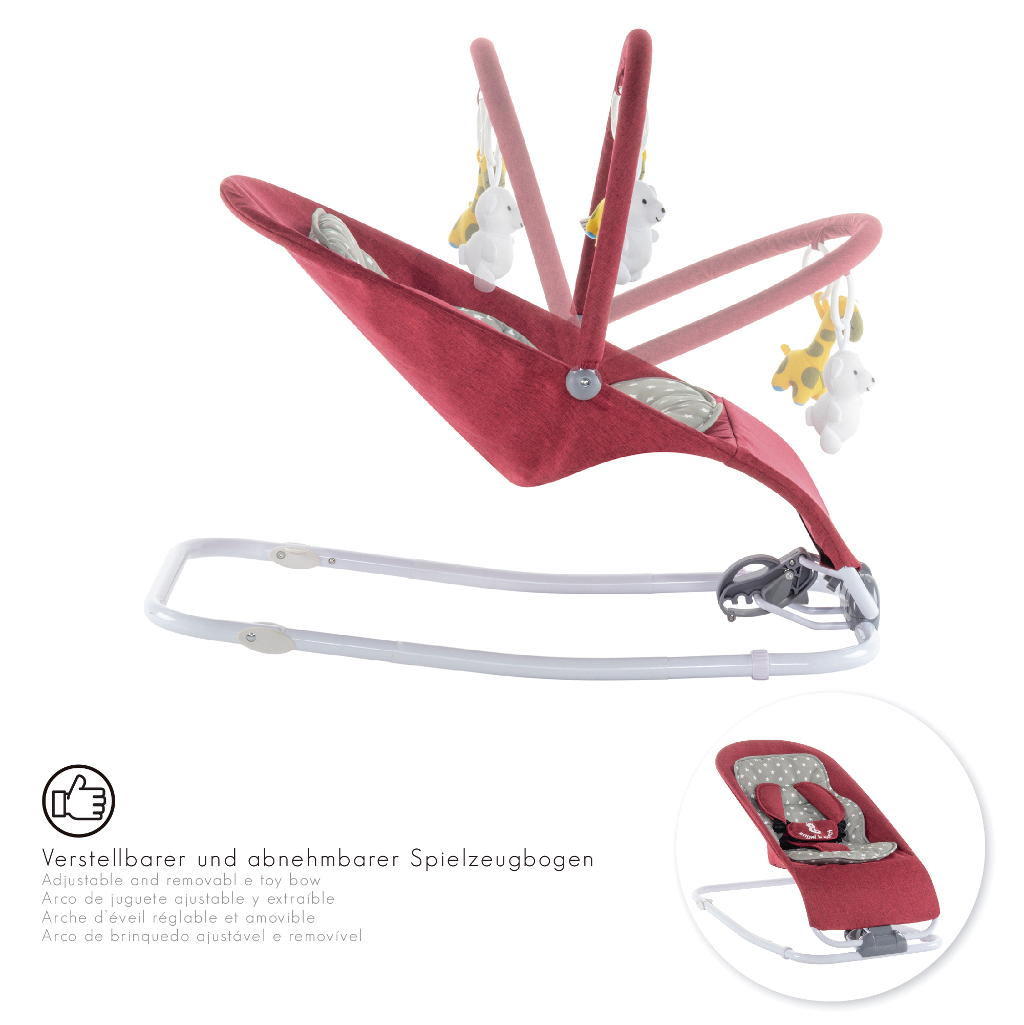 Babywippe VIENO mit abnehmbarem Bezug und Spielebogen Rot + Grau weiße Sterne