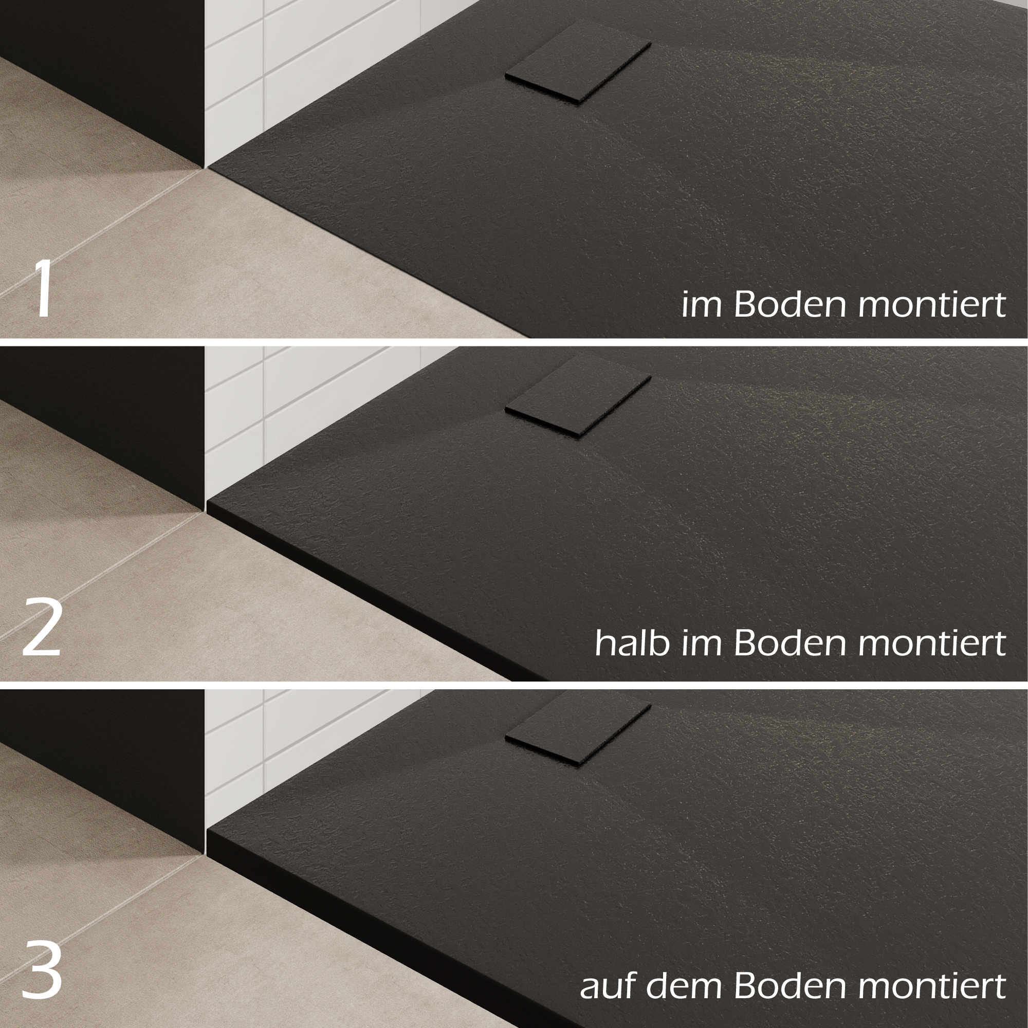 SMC Duschwanne Boreal in Stein-Optik inkl. Ablaufgarnitur - Schwarz 70x160 cm