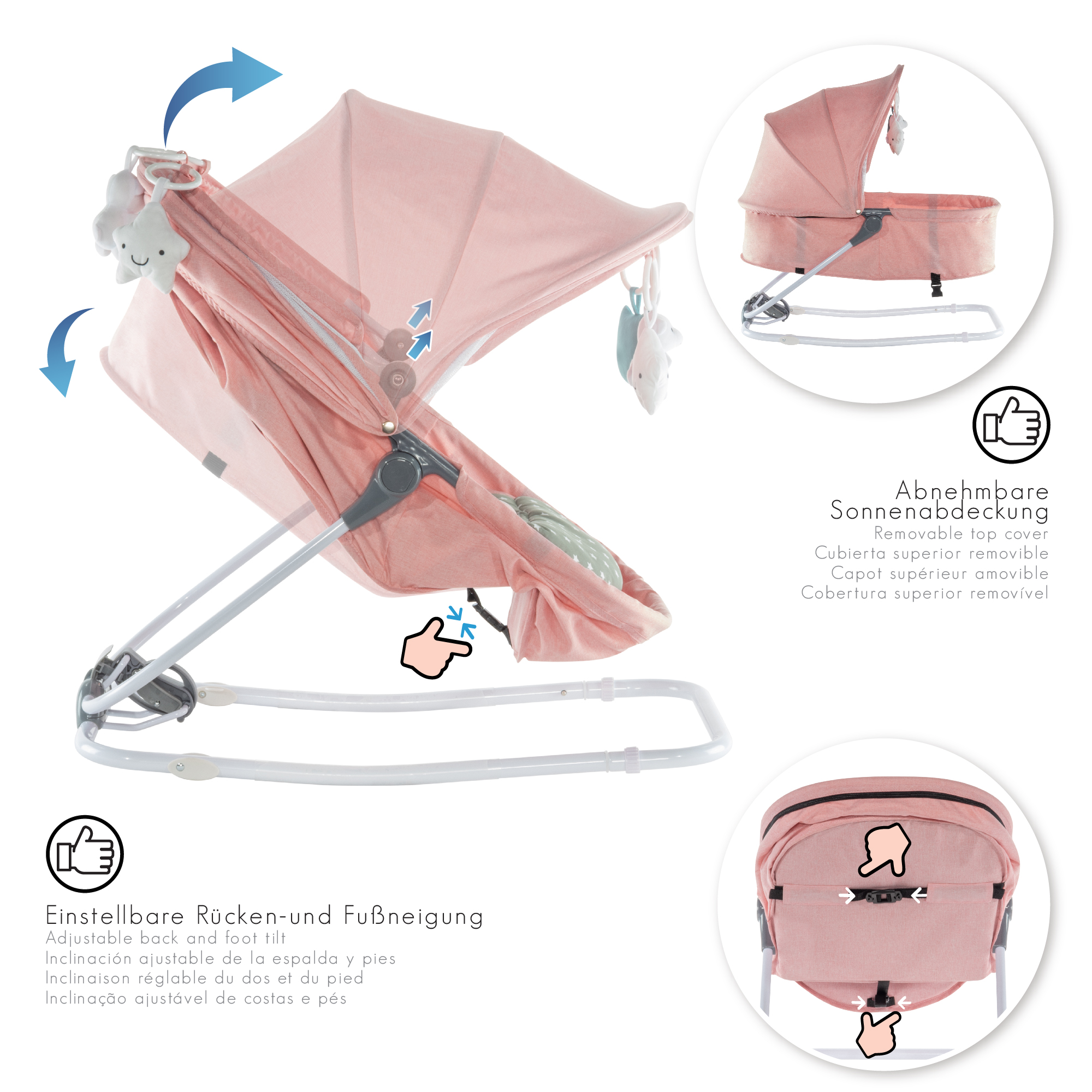 Babywippe PAVO mit Wiegenfunktion und Spielebogen Rosa + Grau weiße Sterne Babywippe PAVO mit Wiegenfunktion und Spielebogen Rosa + Grau weiße Sterne