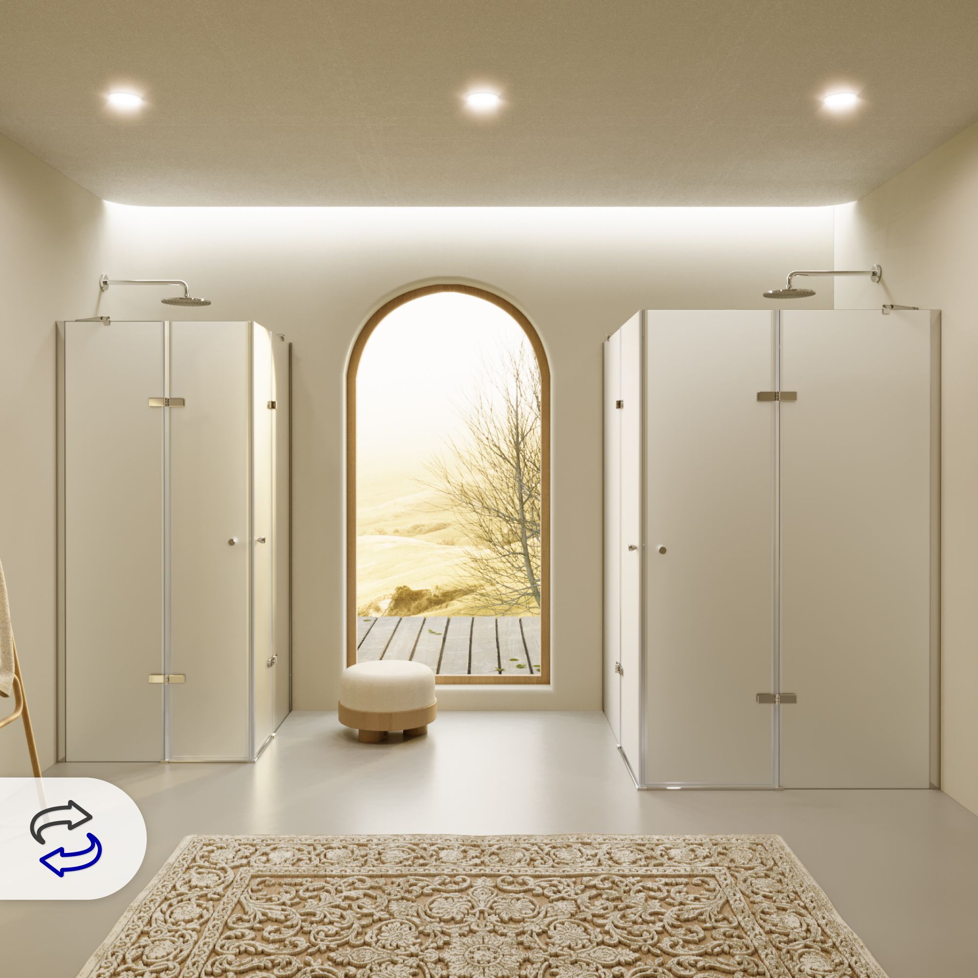 Eckeinstieg Alice mit Klapptüren aus satiniertem ESG Sicherheitsglas