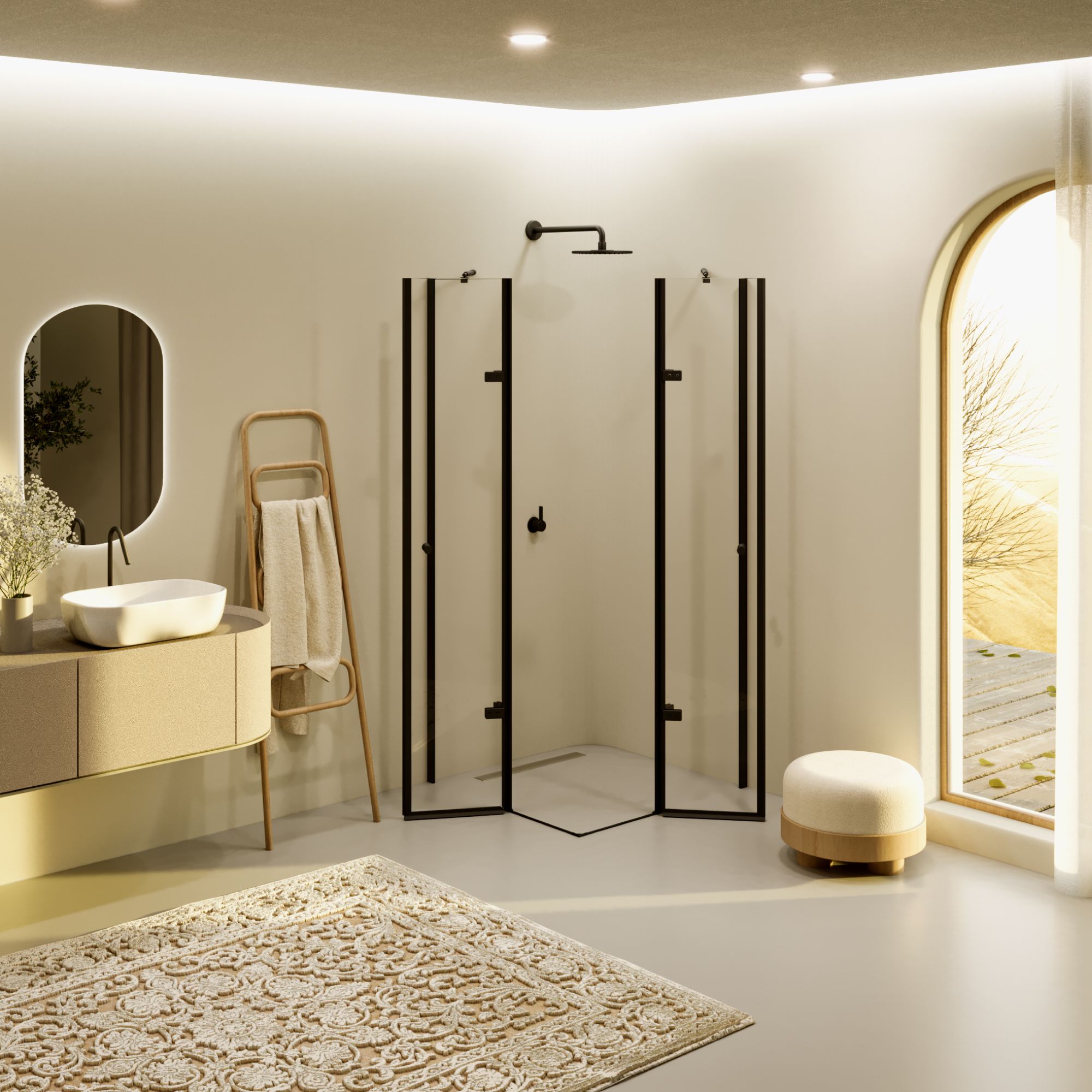 Eckeinstieg Alice BLACK mit Klapptüren aus ESG Sicherheitsglas