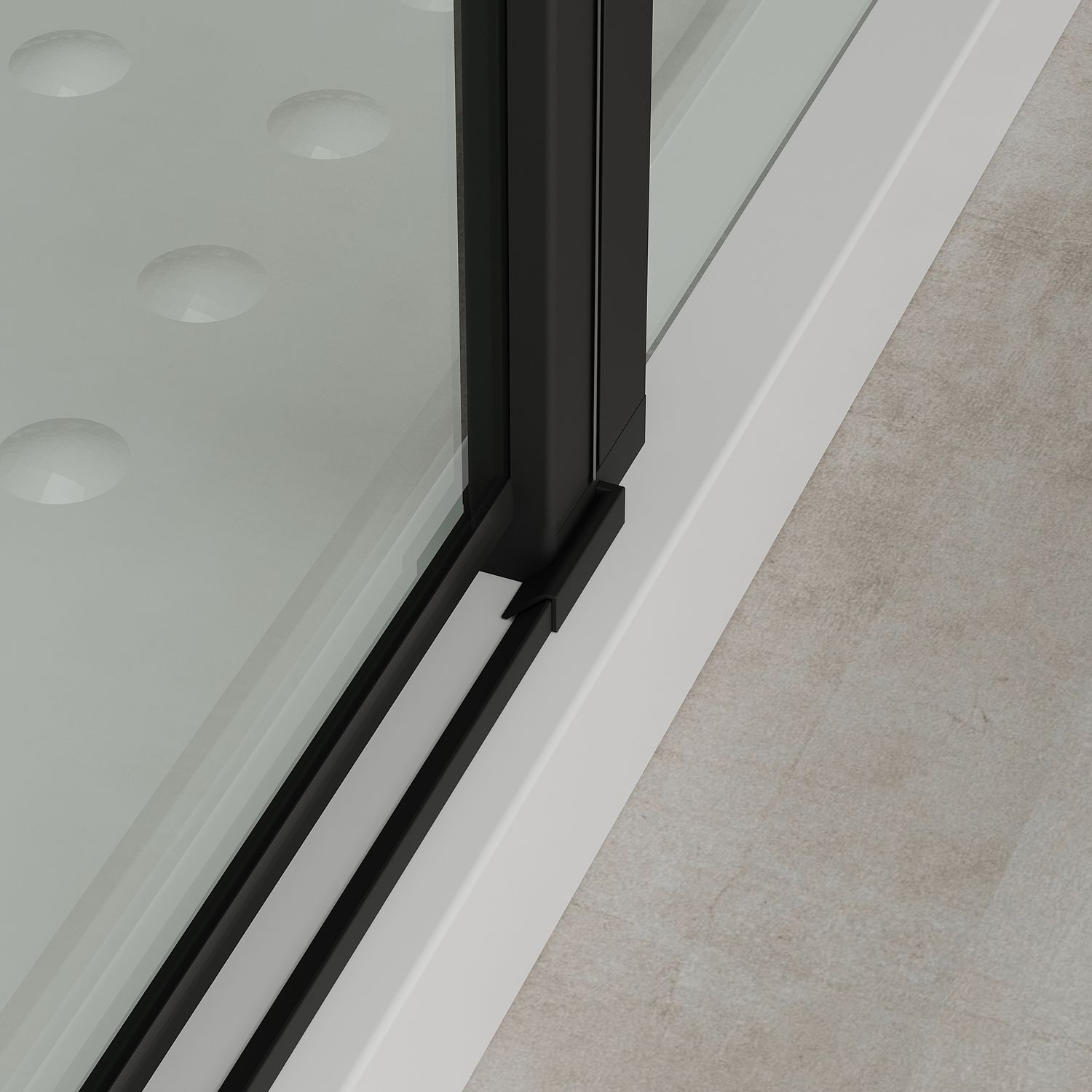 Eckeinstieg Linda mit Klapptüren und schwarzen Profilen aus ESG Sicherheitsglas
