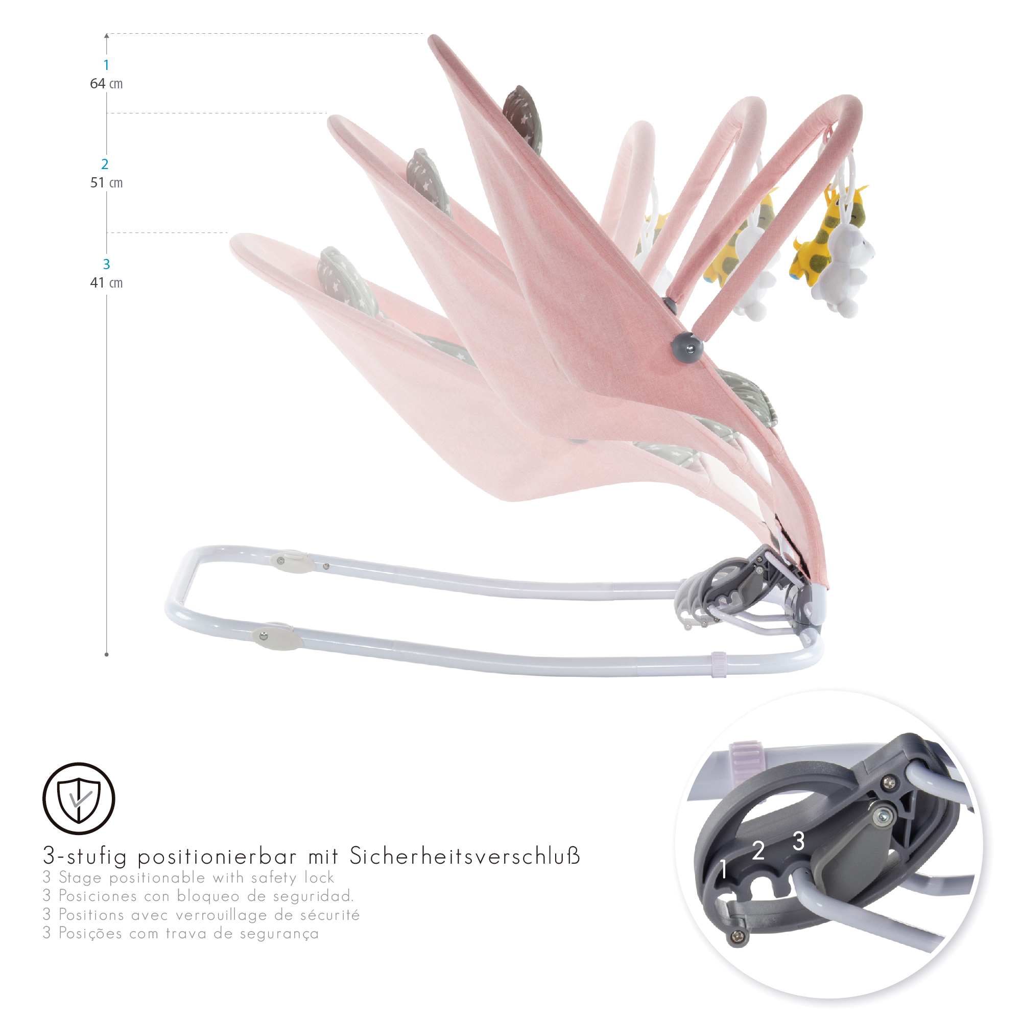 Babywippe VIENO mit abnehmbarem Bezug und Spielebogen Rosa + Grau weiße Sterne