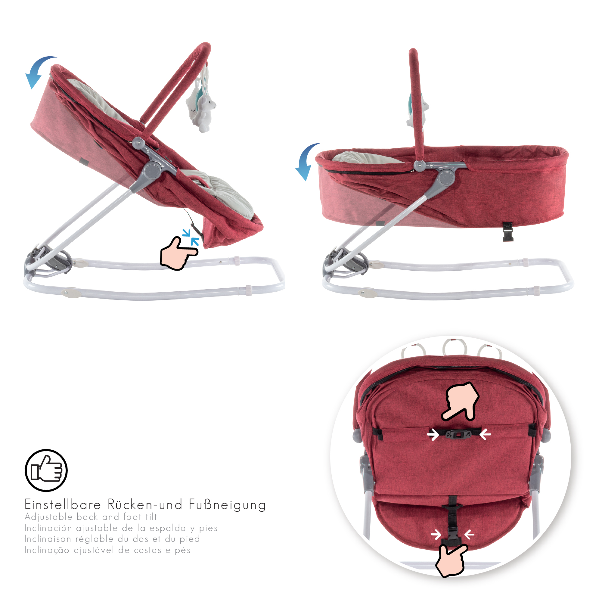 Babywippe VIGO Babywiege mit abnehmbarem Bezug und Spielebogen Rot + Grau