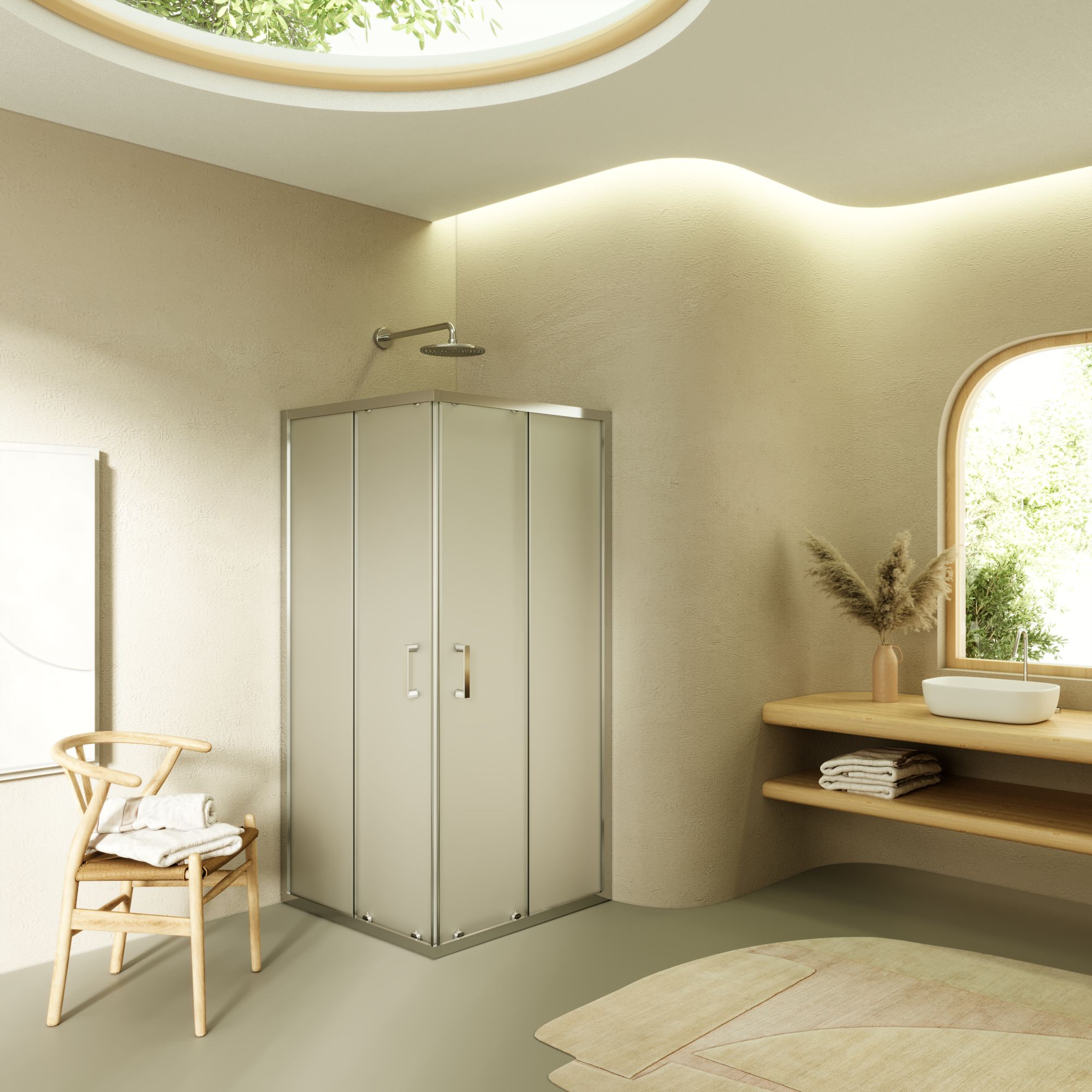 Eckeinstieg Diana mit Schiebetüren aus satiniertem ESG Sicherheitsglas Eckeinstieg Diana mit Schiebetüren aus satiniertem ESG Sicherheitsglas