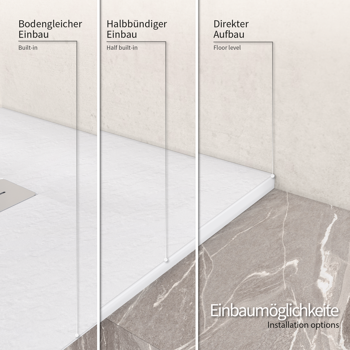 SMC Duschwanne Hiemal in Schieferoptik inkl. Ablaufgarnitur Weiß 90x90 cm