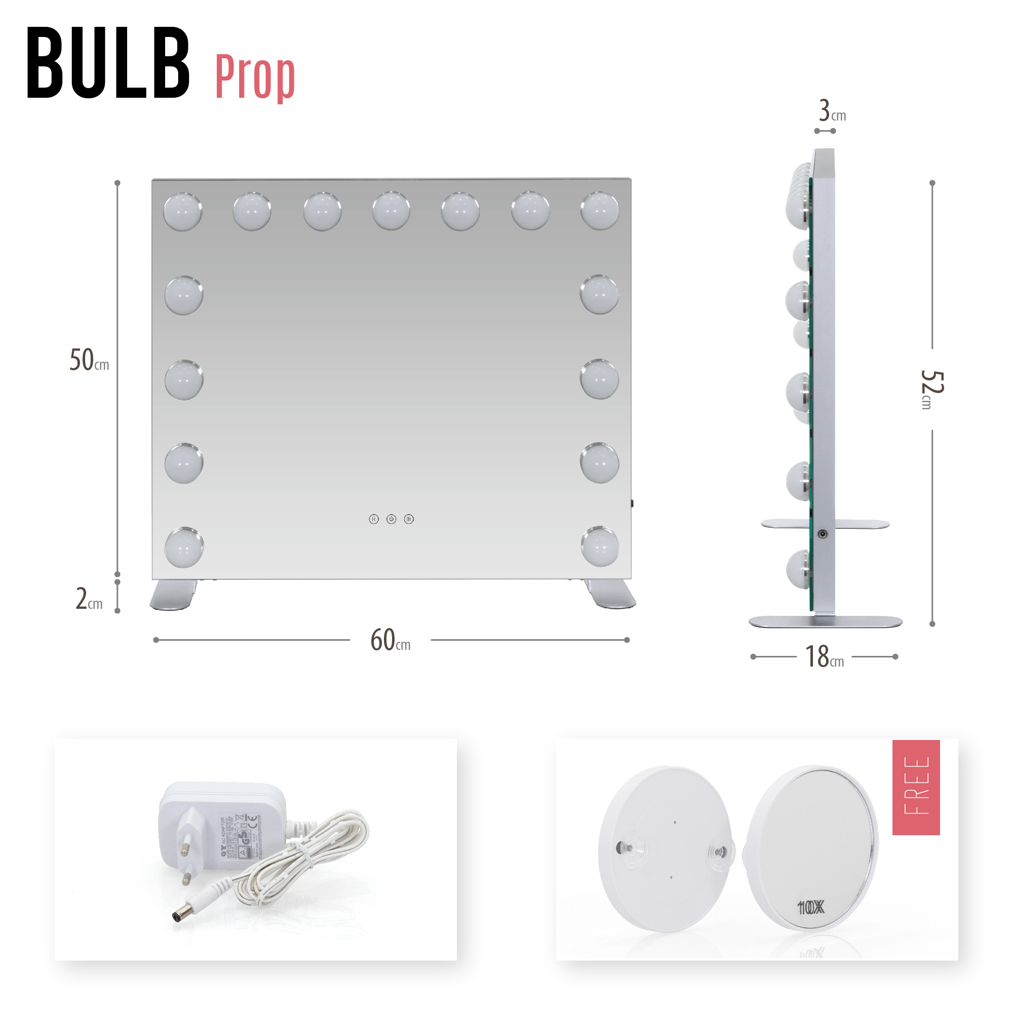 Schminkspiegel Bulb PROP mit 15 dimmbaren LED-Lampen Weiß